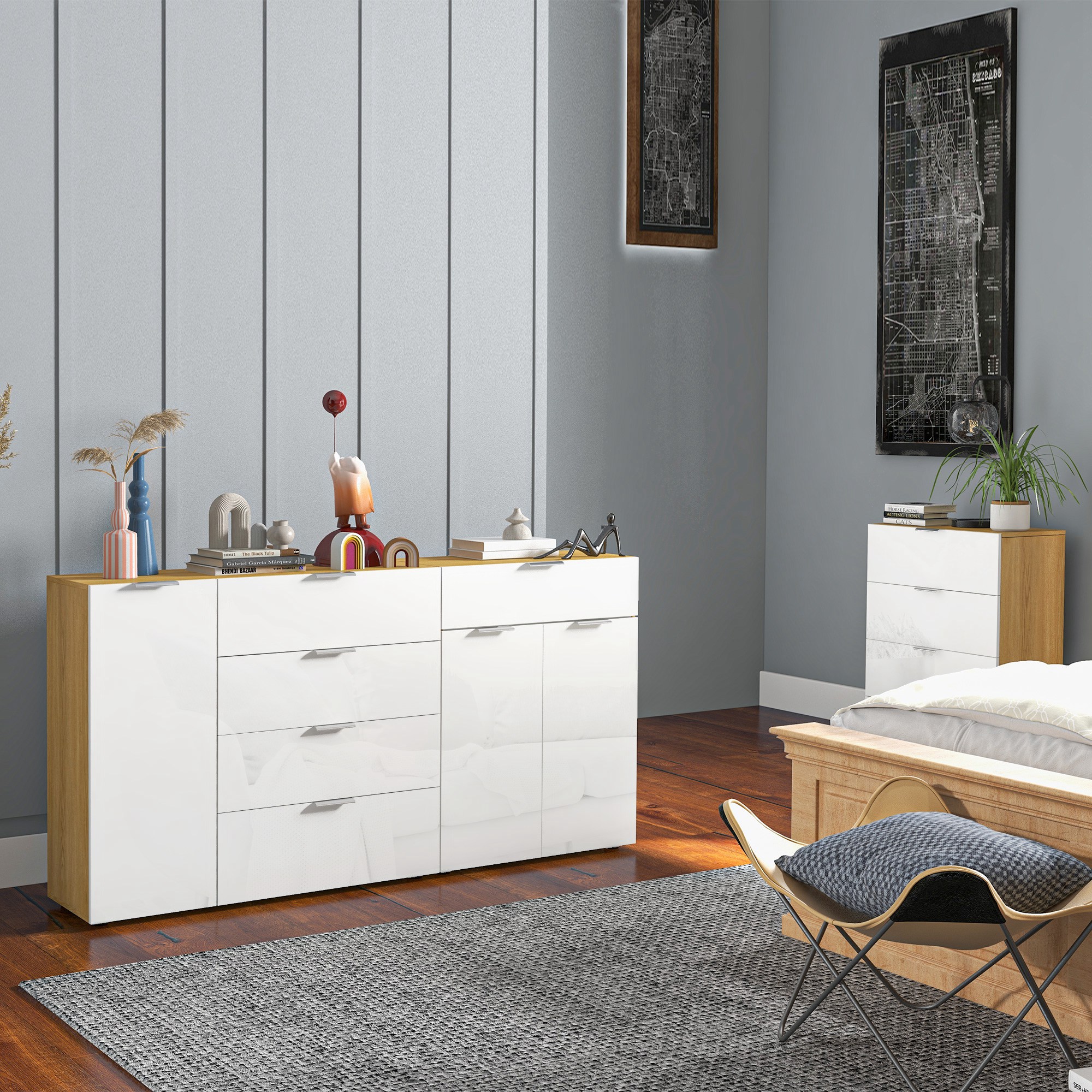 Sideboard Cabinet With 4 Drawers Cupboard And Adjustable Shelves_voghion.com