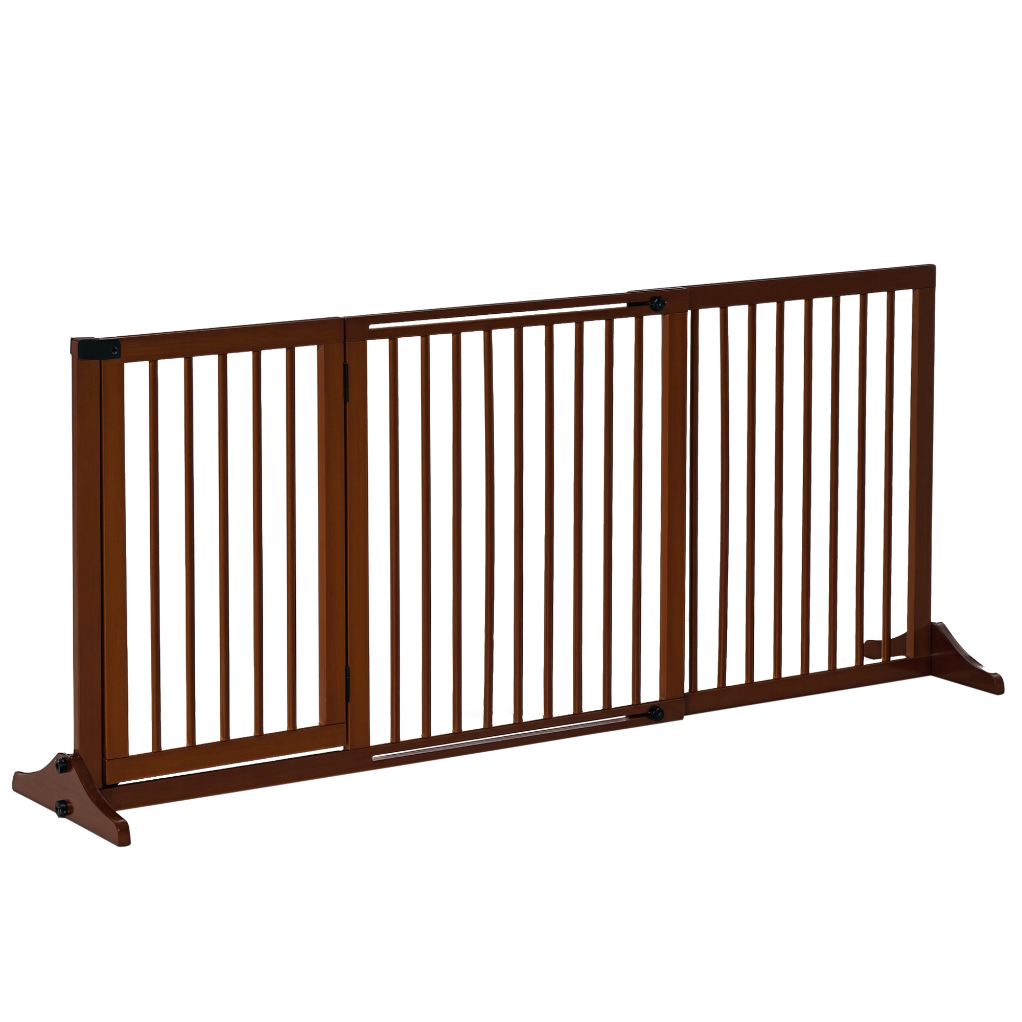 Freestanding Length Adjustable Wooden Pet Gate with Lockable Door 3 Panels, Brown