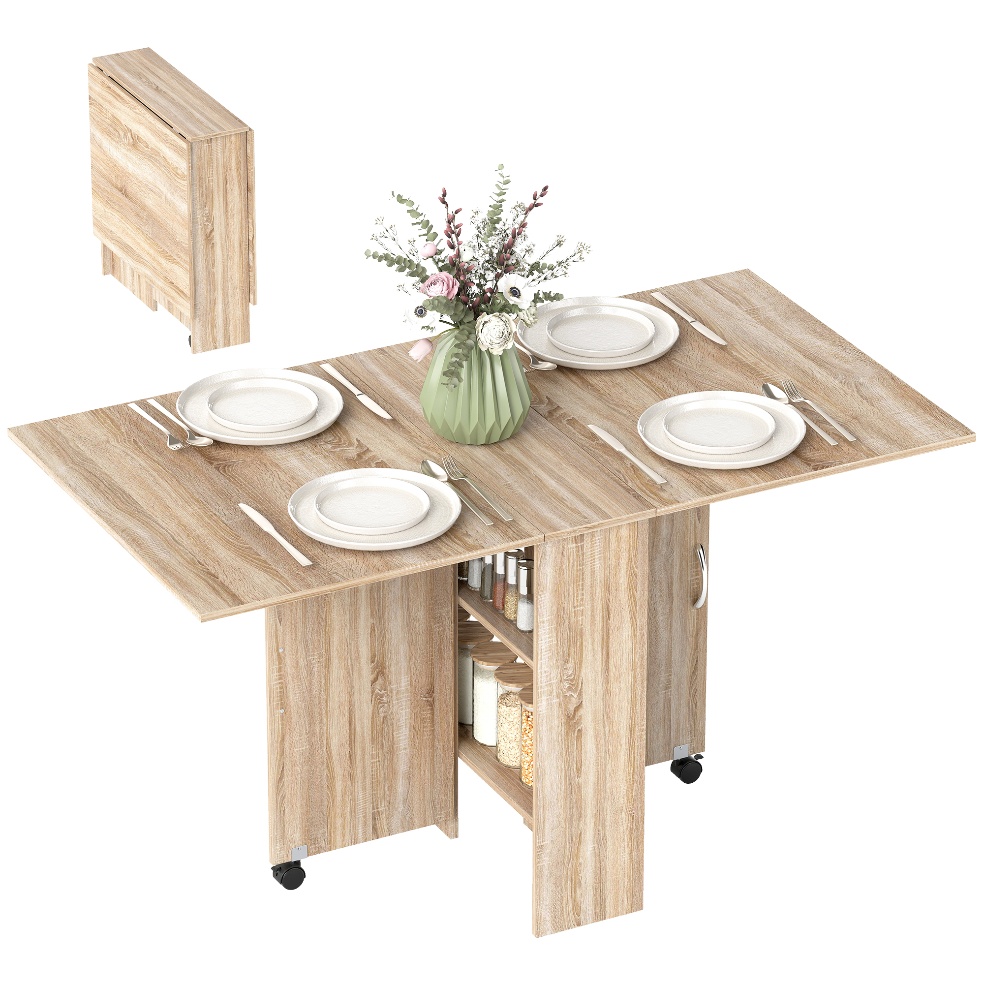 Mesa Plegable Con 2 Alas Abatibles De Madera 2 Estantes Y Ruedas Para Cocina Comedor 75x140x74 Cm Madera Natural_voghion.com