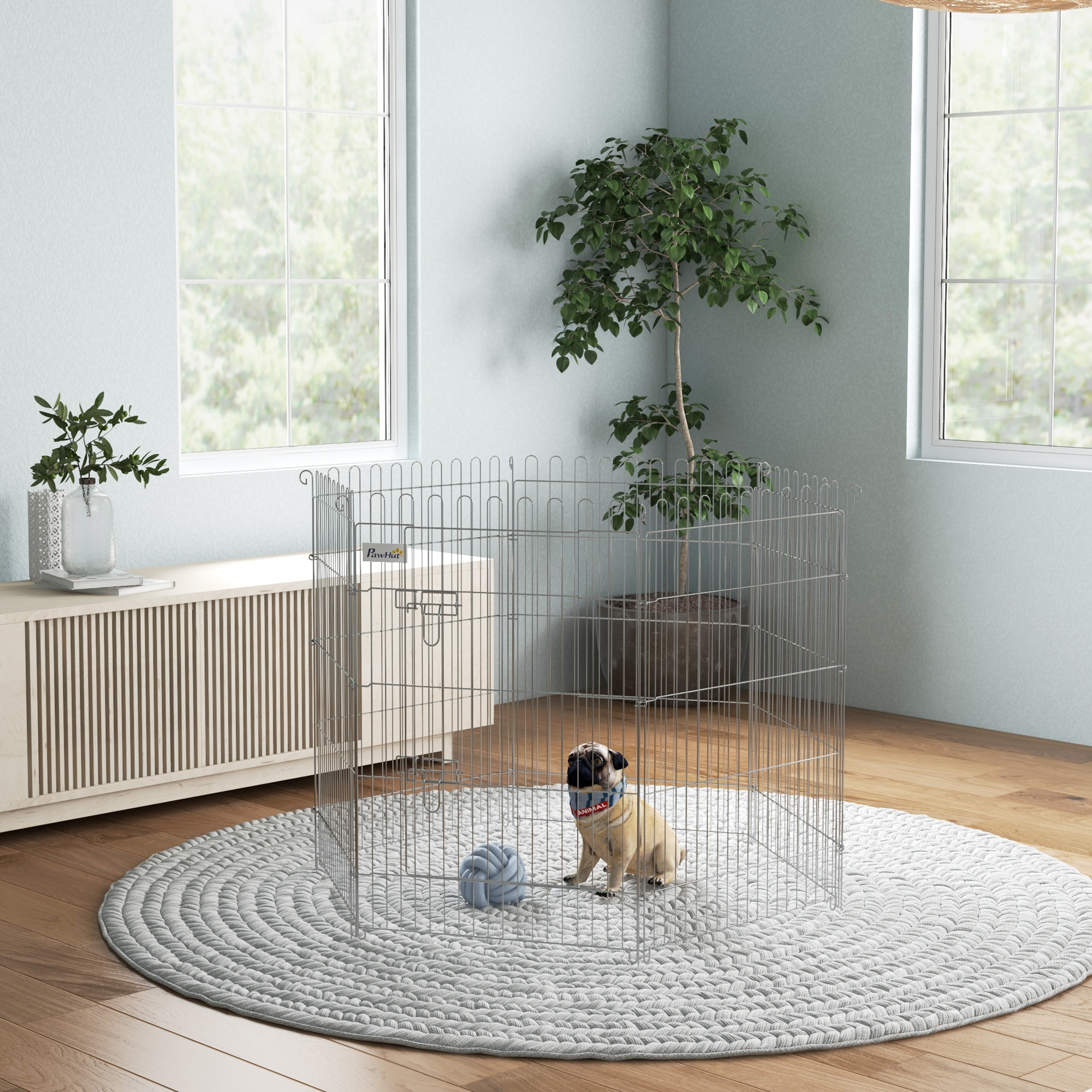 Valla Plegable Para Perros De 8 Piezas Con Puerta De Acero Plata_voghion.com