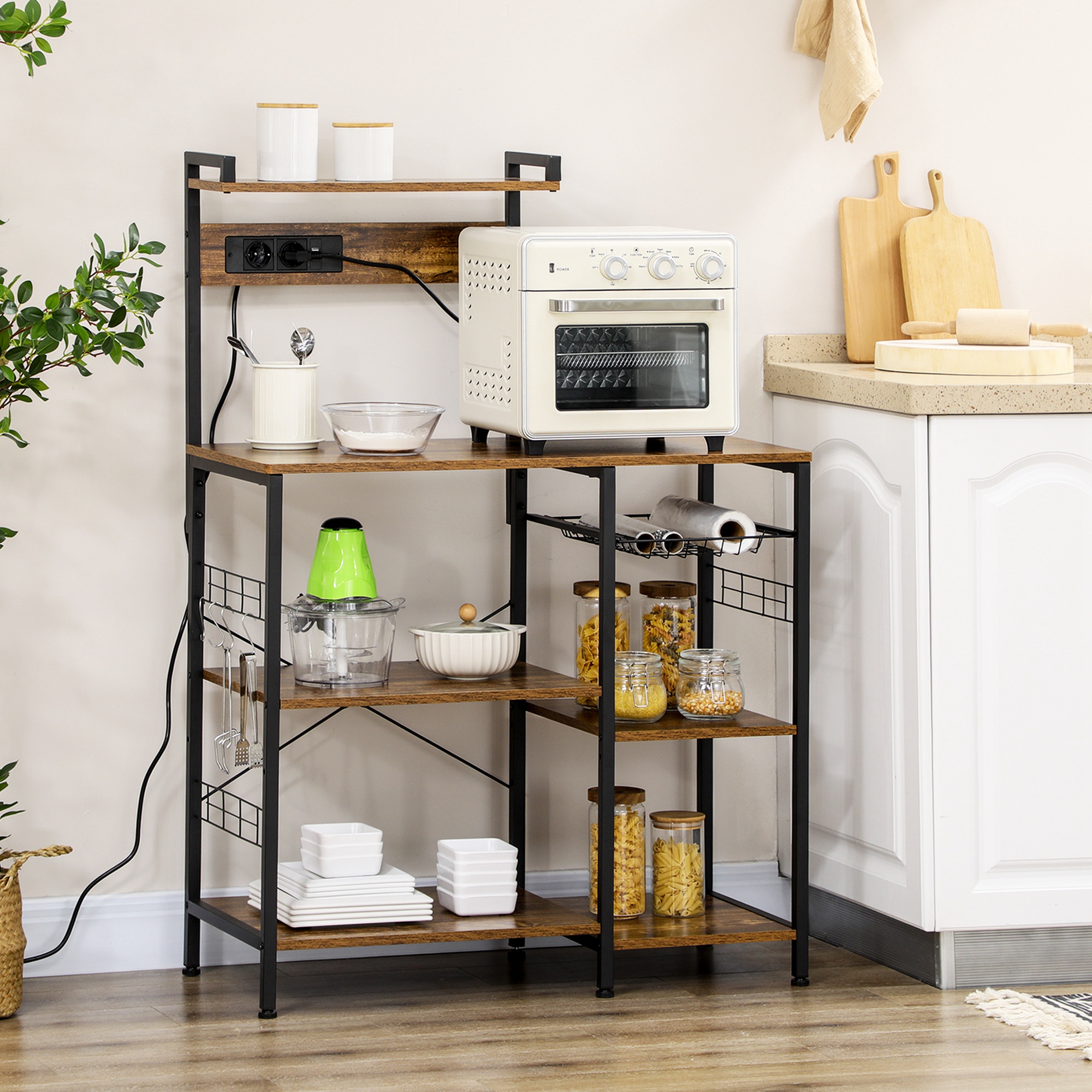 Rustic Kitchen Microwave Stand With Usb Charging Port And Hooks_voghion.com