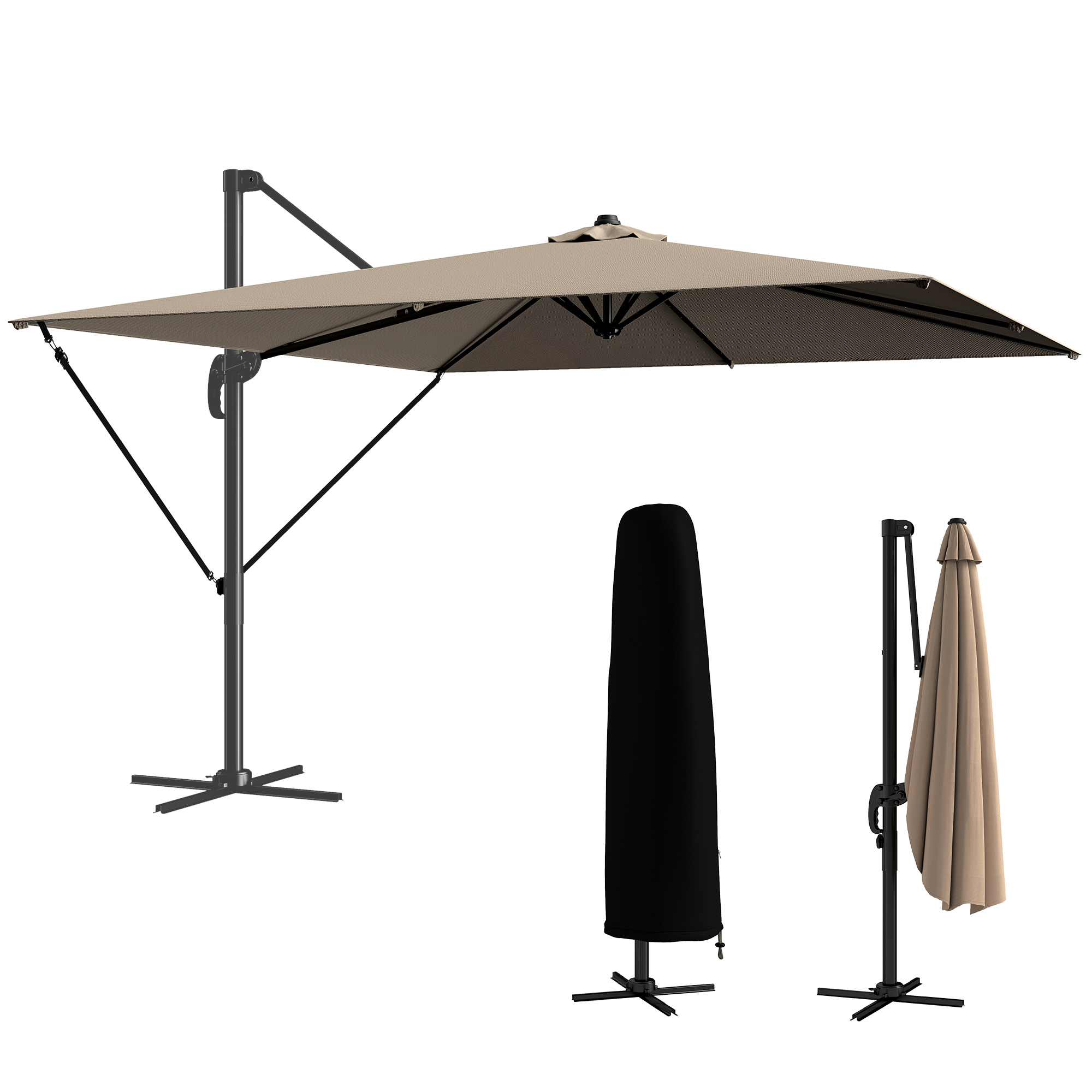 Parasol Excéntrico 2,9x2,9 M De Aluminio Con Manivela Inclinación Ajustable Giratorio 360° Base Cruzada Y Funda Caqui_voghion.com