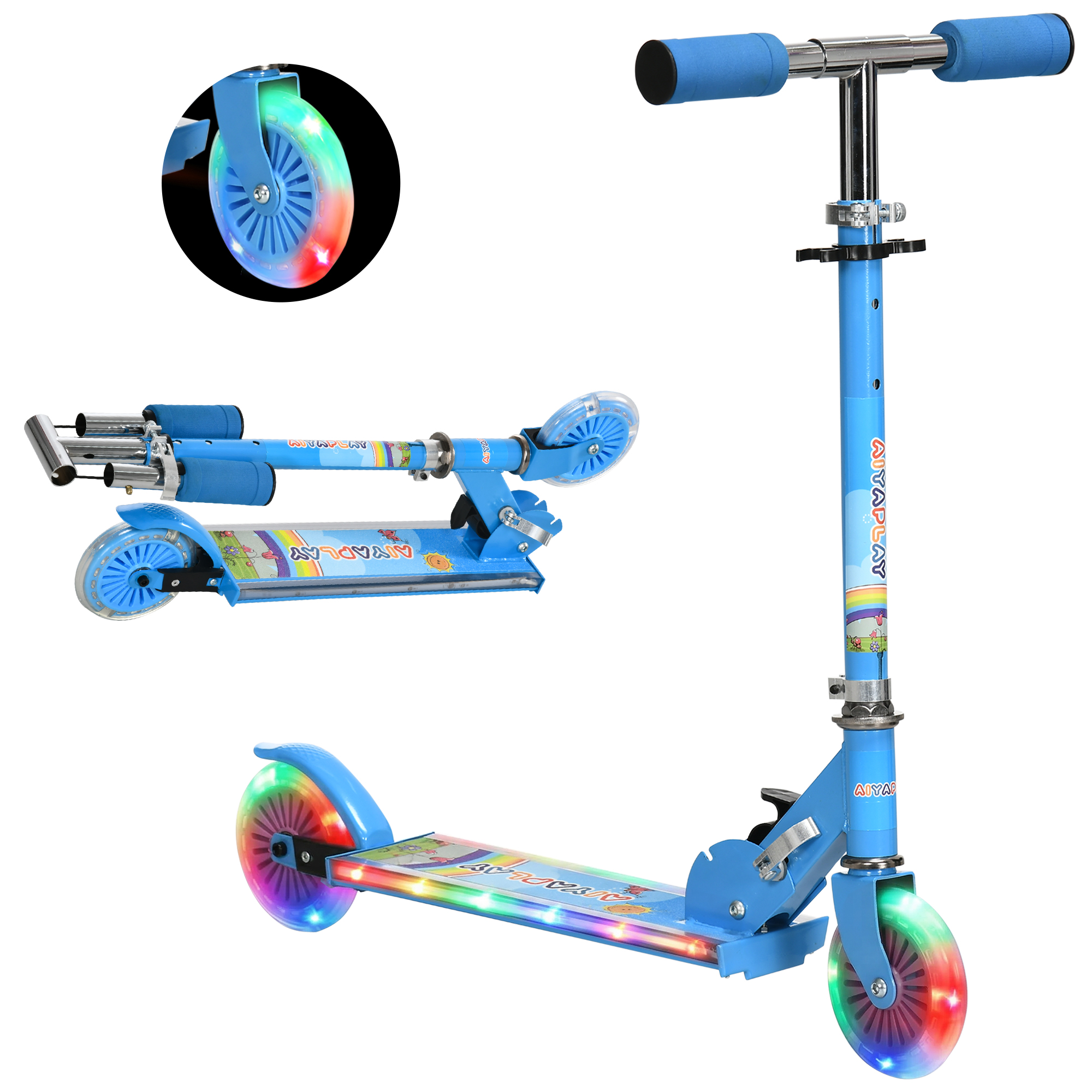 Patinete Infantil Plegable Con Luces Música Altura Ajustable Ruedas Brillantes Pedal LED Carga 50kg 67x32x65-78 Cm Bleu_voghion.com