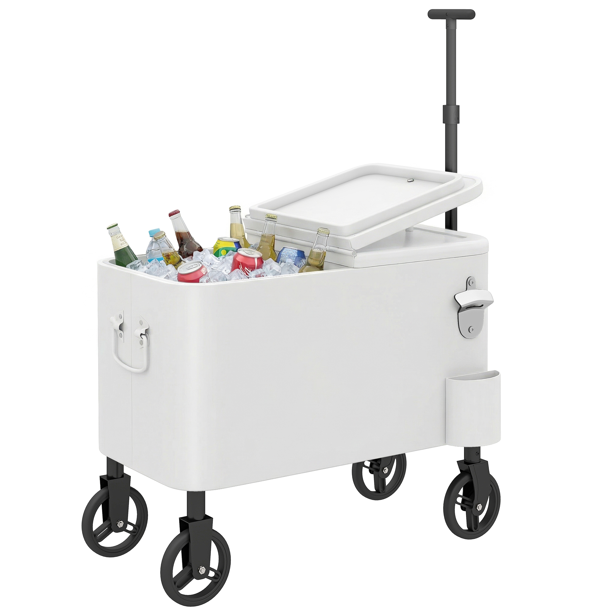 Carrito Nevera De 56L Con Ruedas Mango Ajustable Abrebotellas Recogetapas Drenaje Y Asa 75x35x120 Cm Bianco_voghion.com
