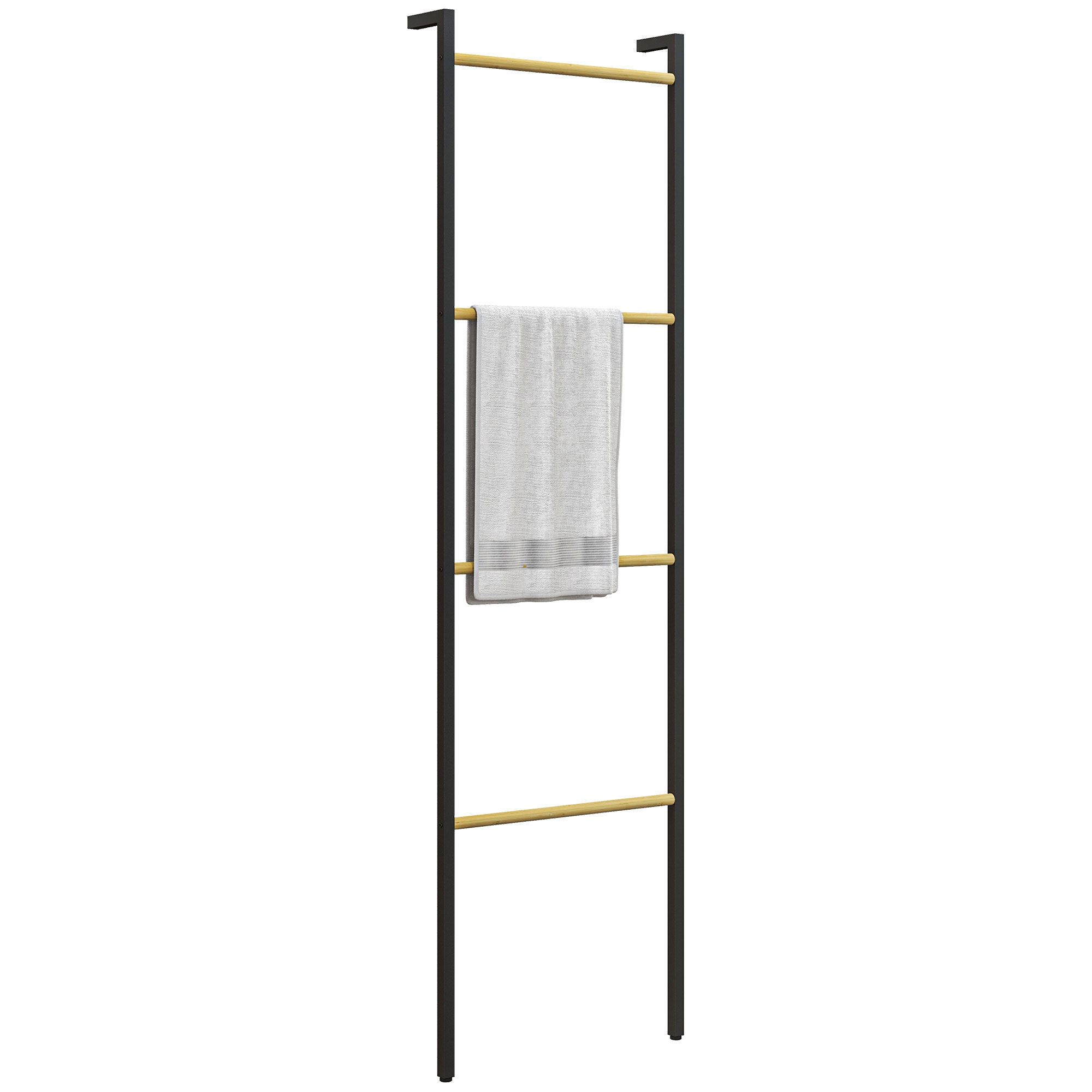 Toallero Apoyado En La Pared Toallero De Baño Con 4 Barras De Bambú Y Marco De Acero 49x5,5x167,5 Cm Y Naturel_voghion.com
