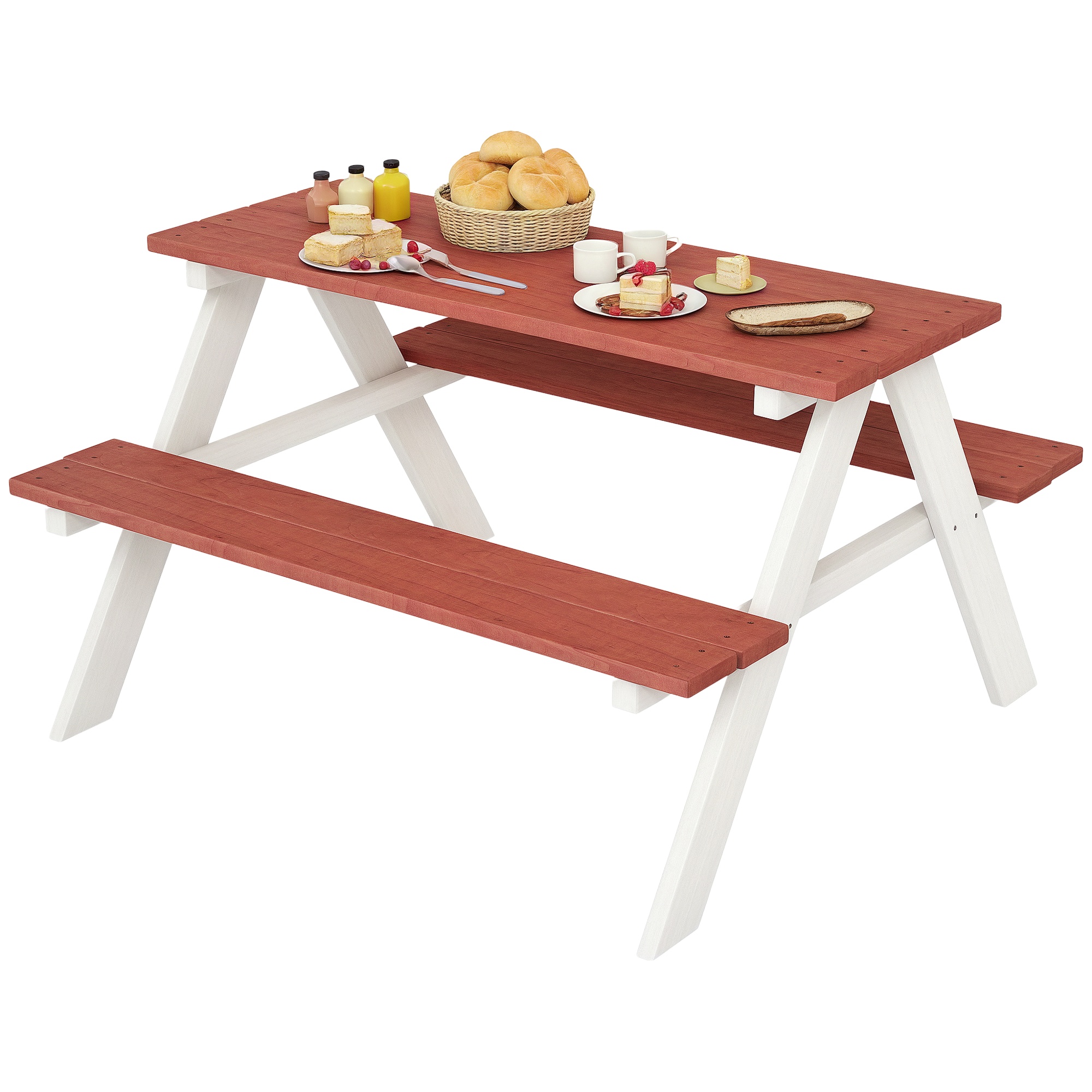 Table de Pique-Nique Enfant en Bois avec 2 Bancs, Dessus 89x33 cm, Cadre en A, F