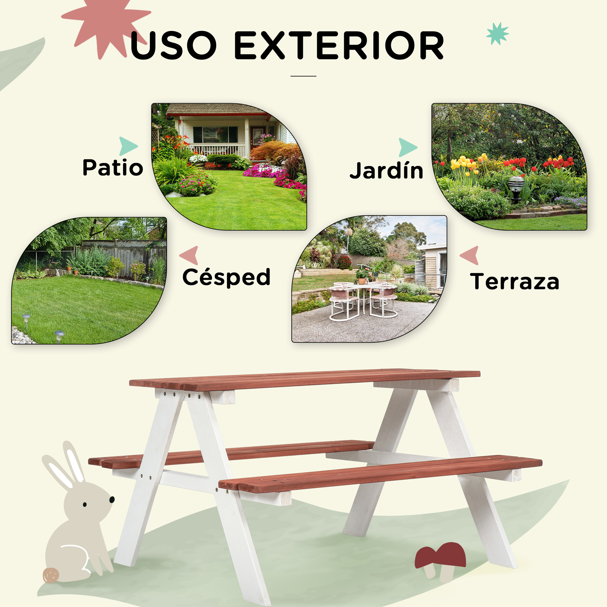 Table de Pique-Nique Enfant en Bois avec 2 Bancs, Dessus 89x33 cm, Cadre en A, F