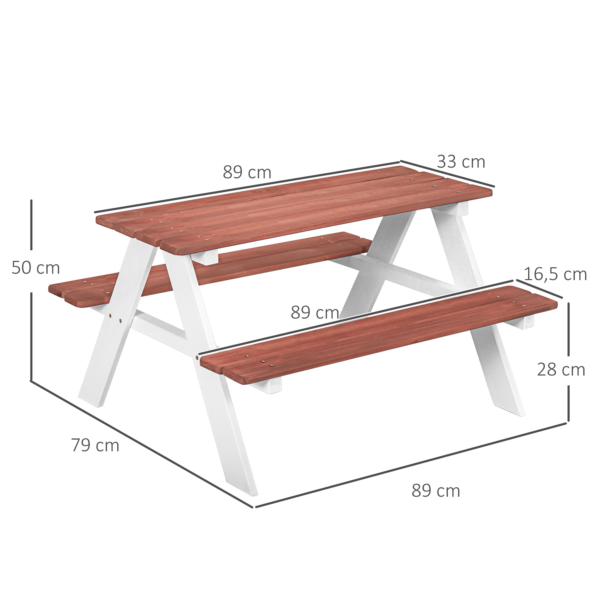 Table de Pique-Nique Enfant en Bois avec 2 Bancs, Dessus 89x33 cm, Cadre en A, F