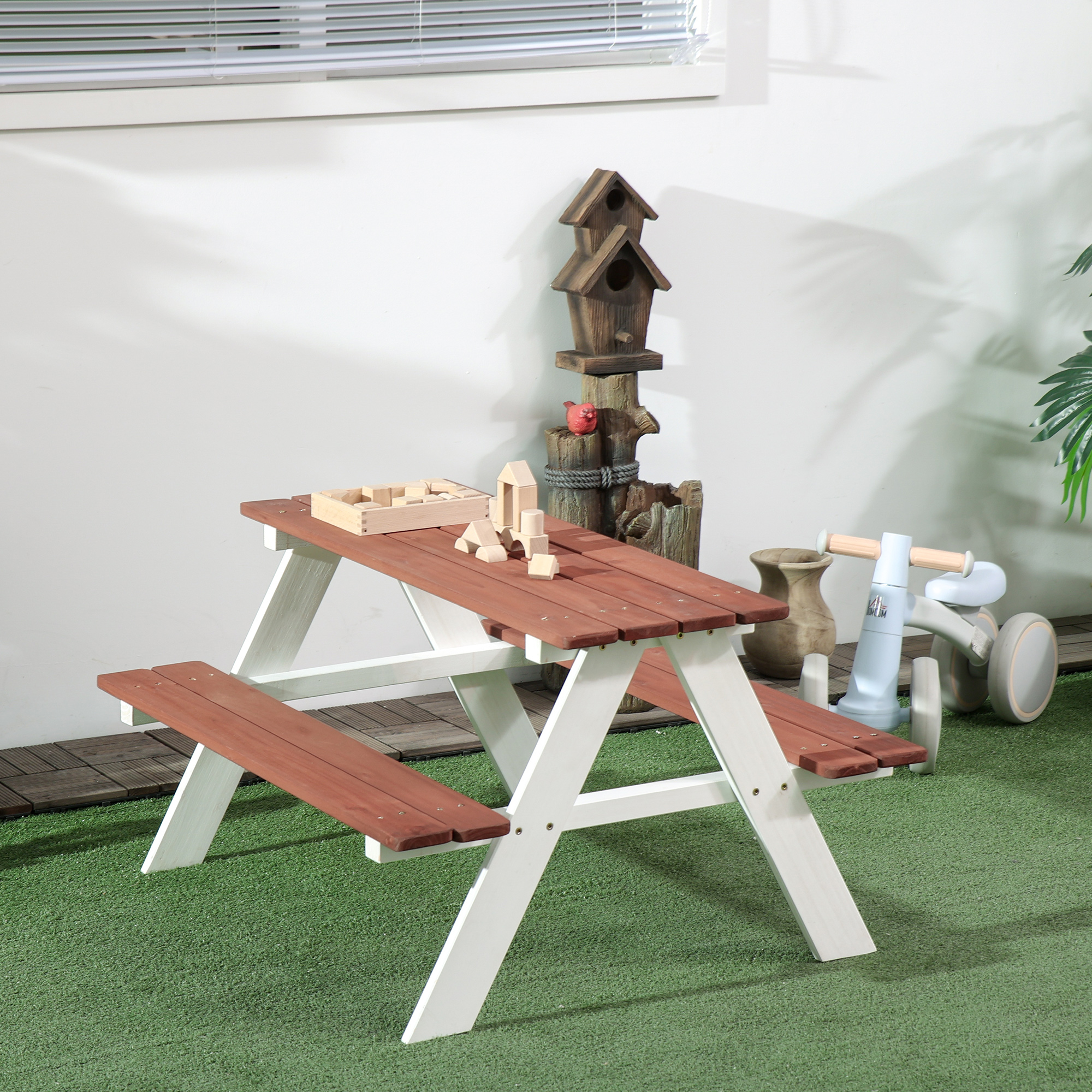 Table de Pique-Nique Enfant en Bois avec 2 Bancs, Dessus 89x33 cm, Cadre en A, F