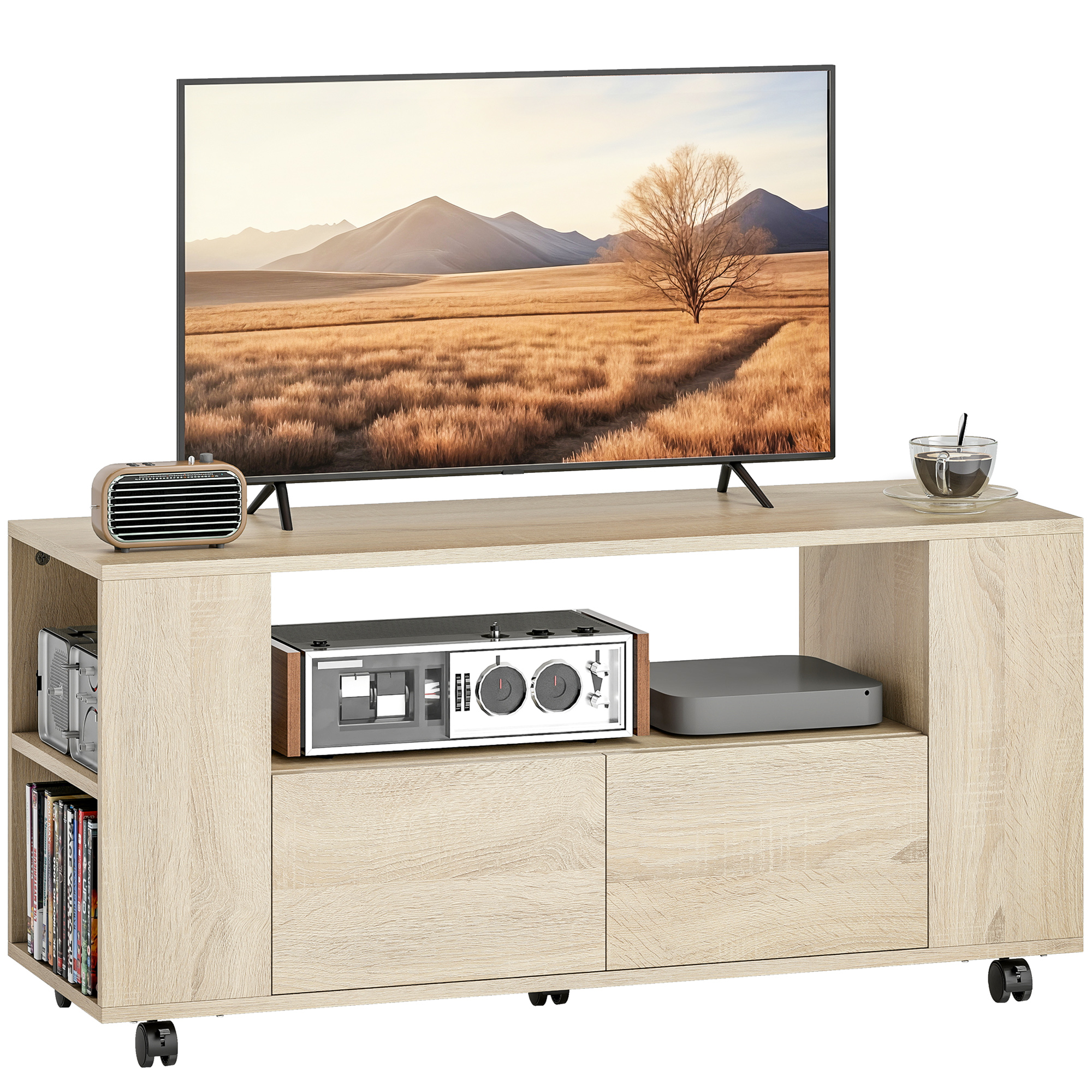 Meuble TV bois naturel avec roues