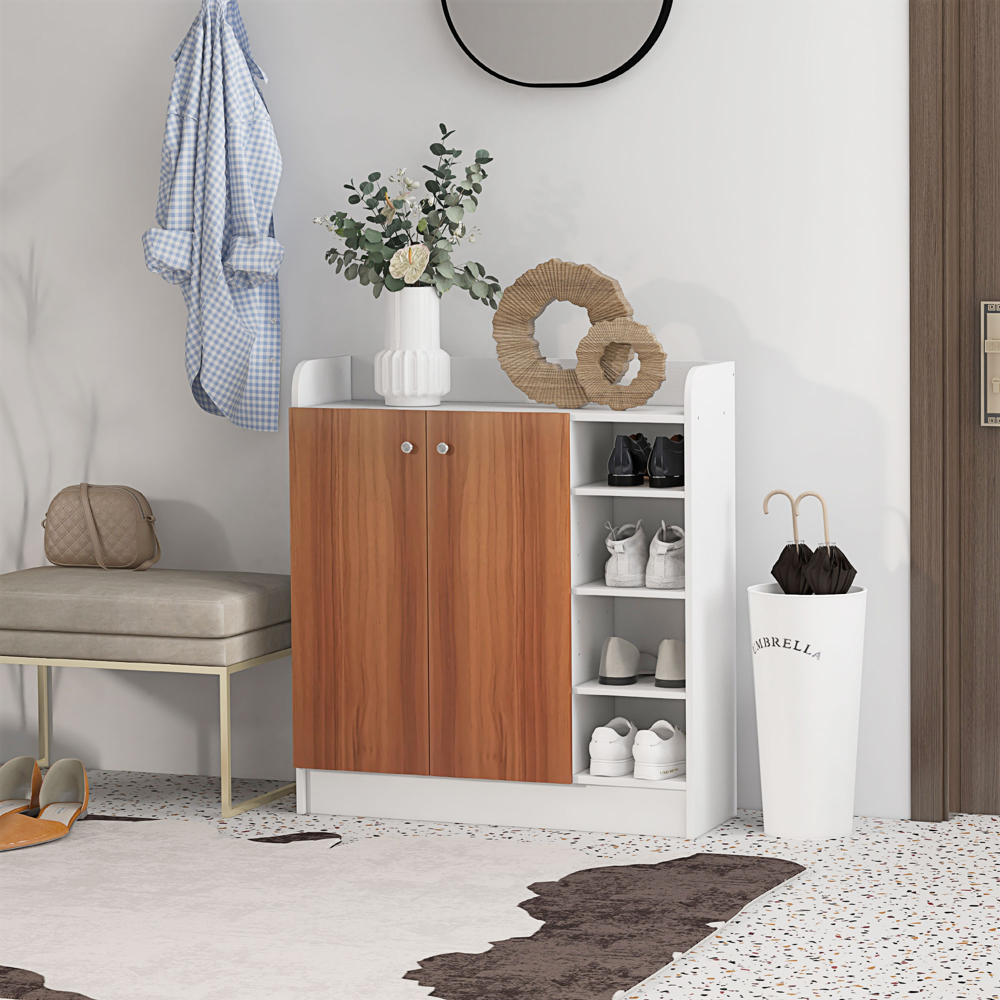 Modern Shoe Cabinet With 2 Doors And Adjustable Shelves Natural_voghion.com