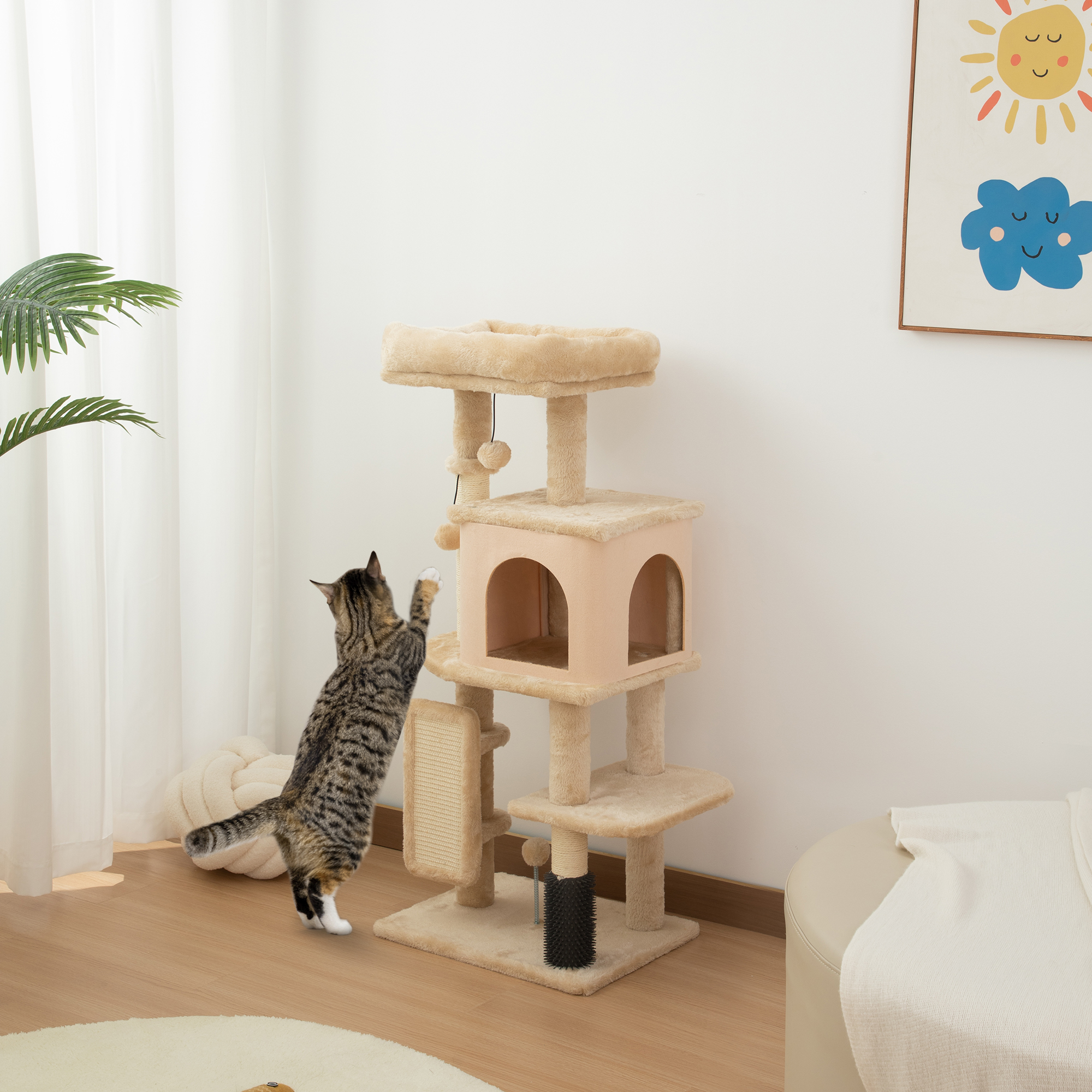 Cat Scratching Tree With Sisal Posts And Hanging Balls Beige_voghion.com