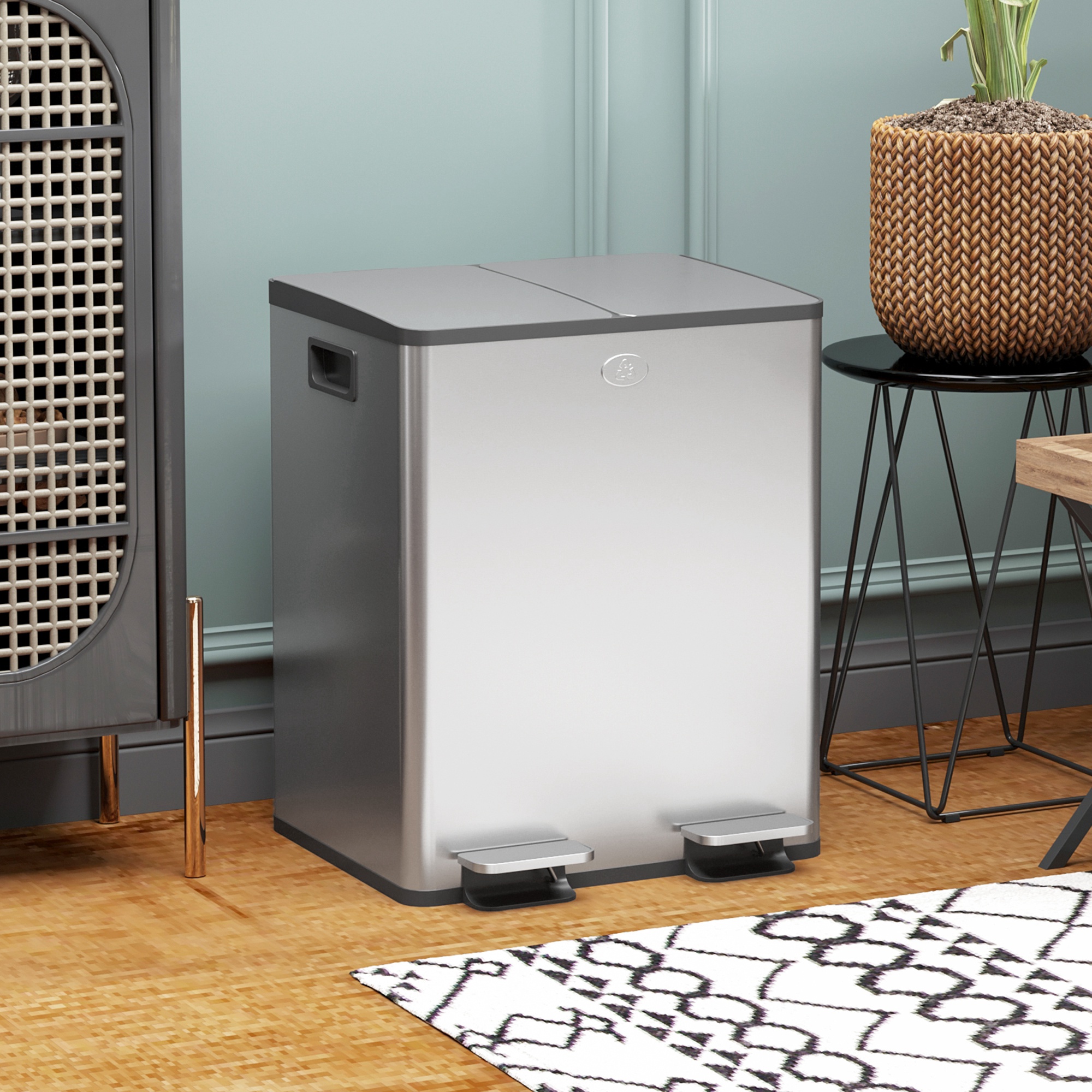 Stainless Steel Kitchen Pedal Bin With Double Compartment Lid_voghion.com