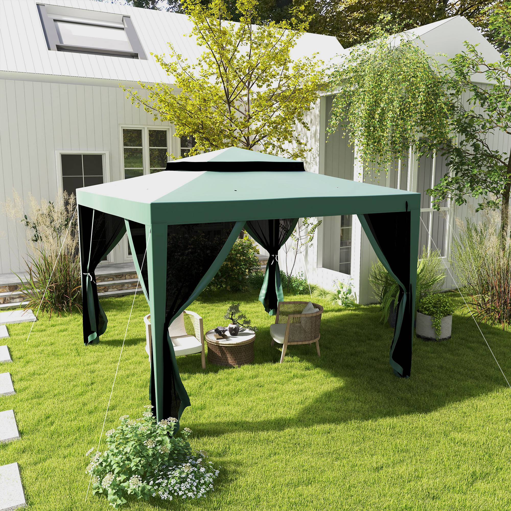Carpa De Jardín 3x3 M Cenador Gazebo Con 4 Mosquiteras Laterales Techo Doble 8 Orificios De Drenaje Marco De Metal Verde_desvips.com
