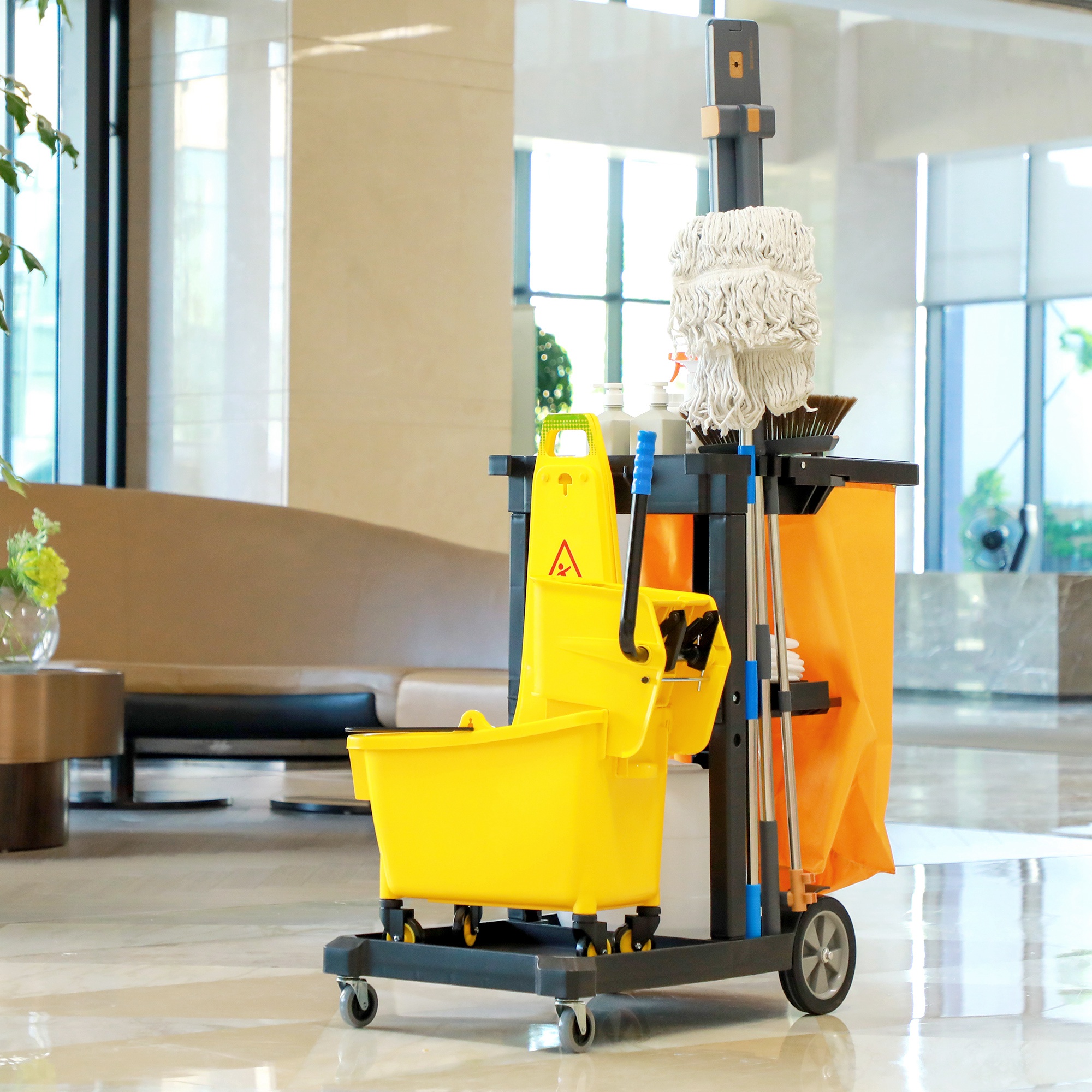 Cleaning Trolley With Bag Wheels And 3 Shelves For Hotels Yellow_voghion.com