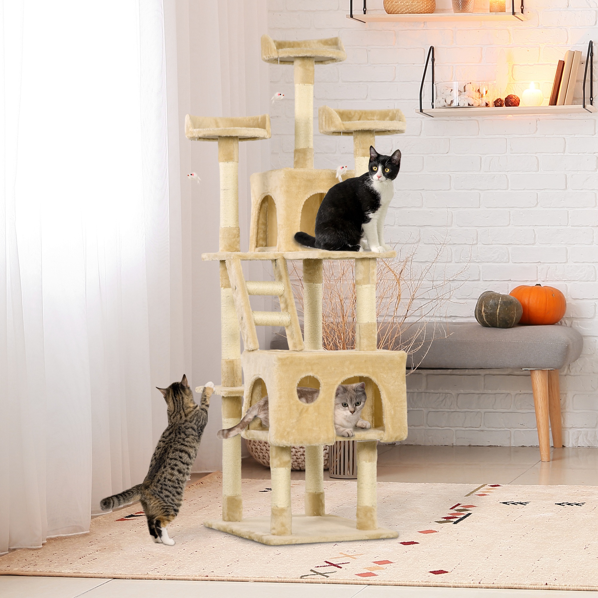 Large Cat Tree Scratcher With Platforms Caves And Toys Beige_voghion.com