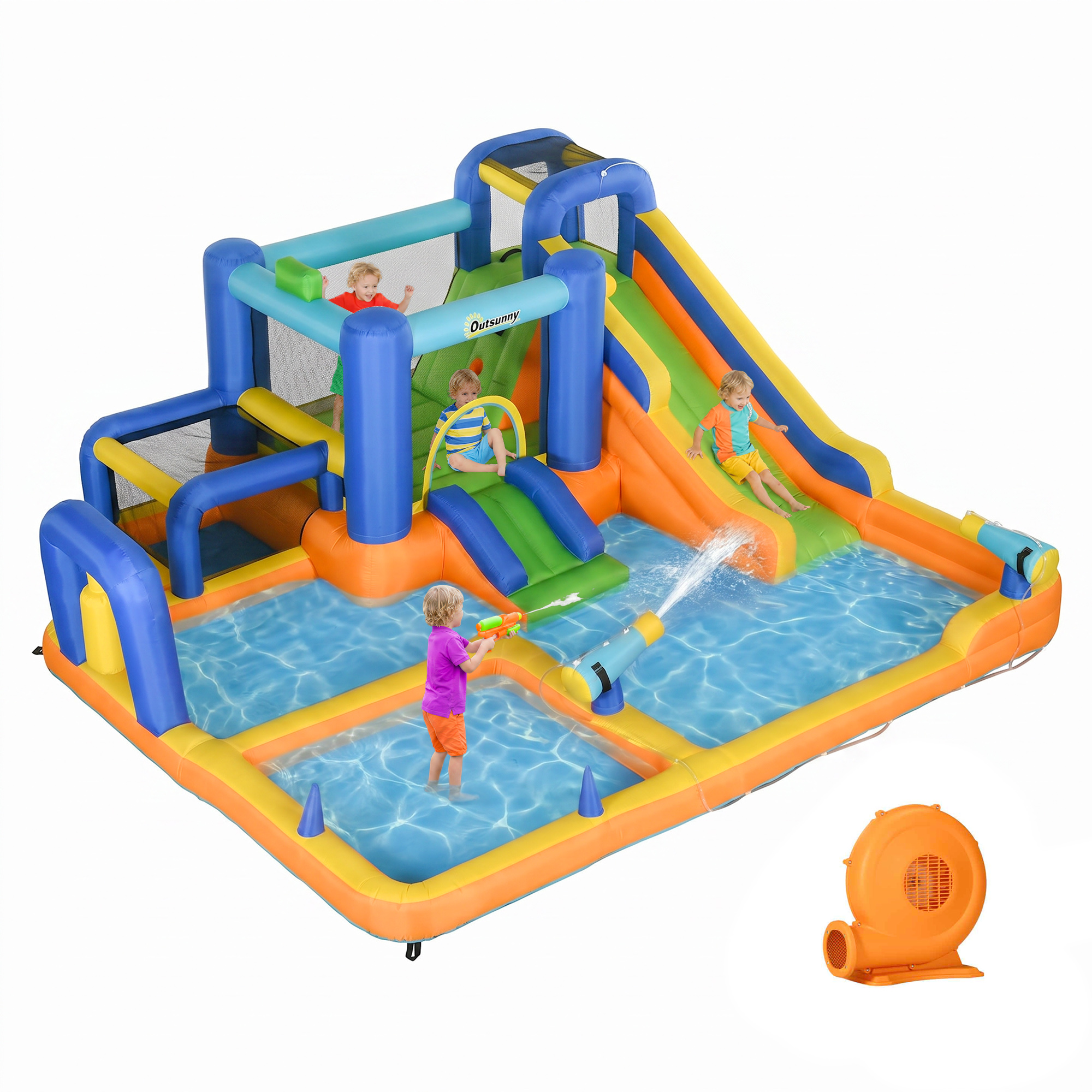 7 in 1 Water Slide w/ Slide Pool Climbing Wall Water Cannon Basketball Hoop Boxing Post Football Stand for 3-8 Years