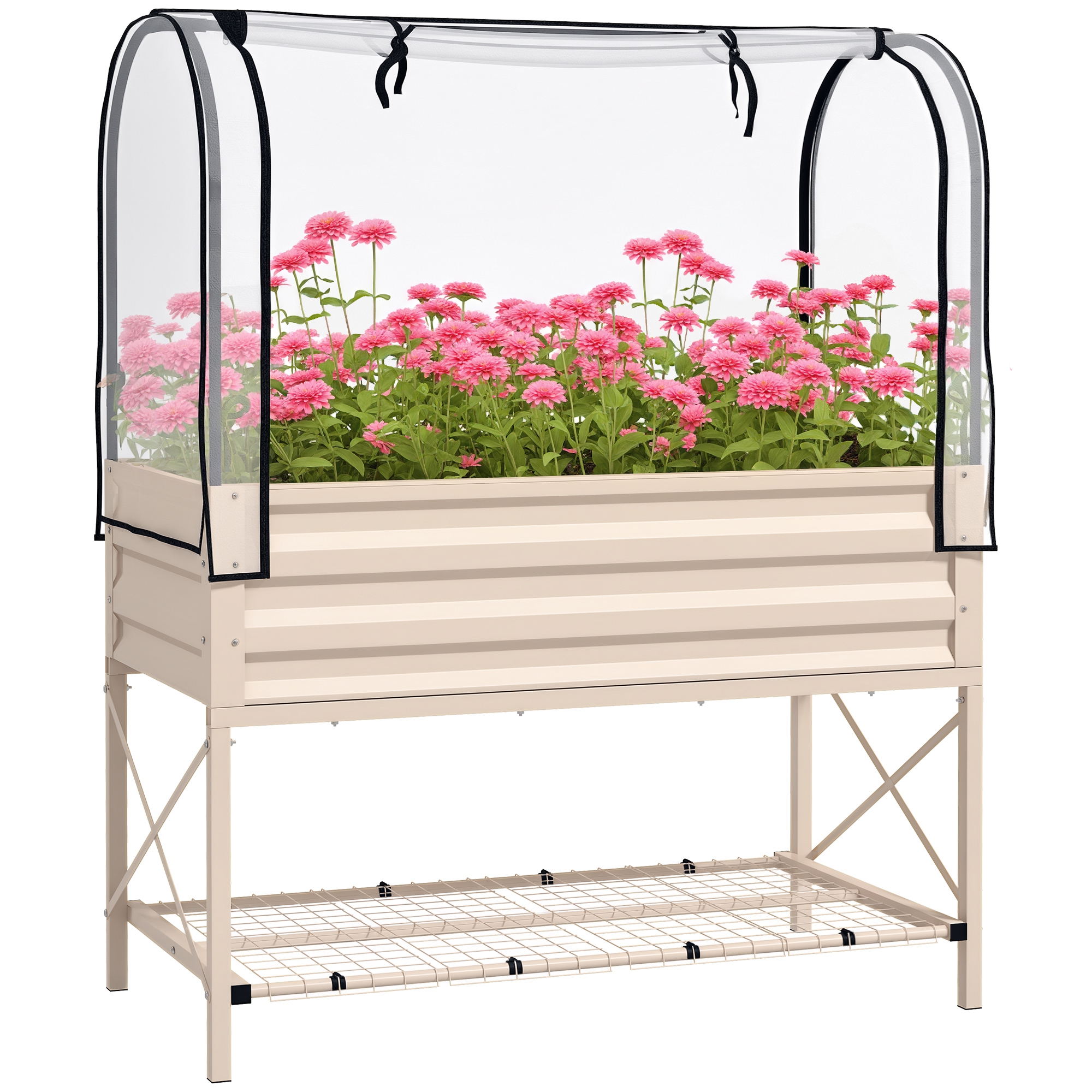Raised Garden Bed with Legs and Cover, Metal Elevated Planter Box with Bottom Shelf and Liner for Vegetables, Cream