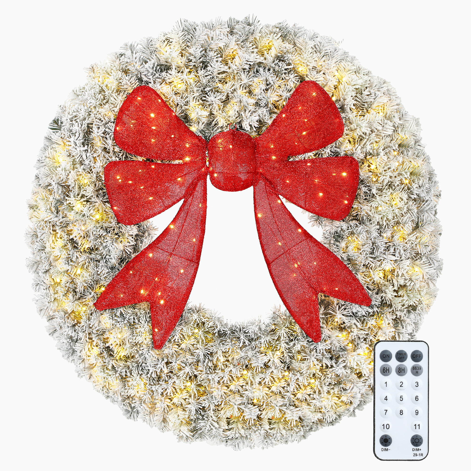 60in Flocked Pre-Lit Christmas Wreath with 3D Red Bow, 11 Lighting Modes, Front Door Christmas Wreath with Remote
