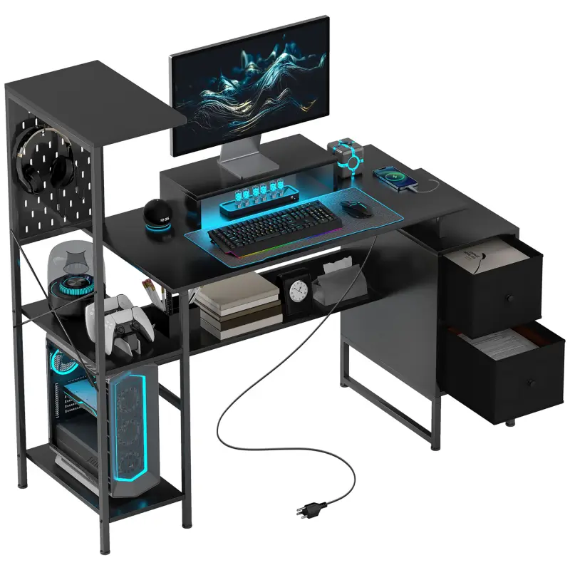 56" Computer Desk with Storage, Computer Table with Power Outlets and LED Lights, Black