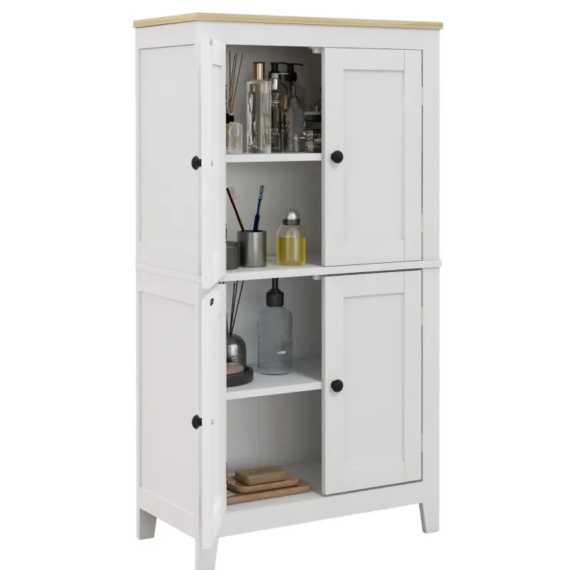 Bathroom Storage Cabinet, Modern Bathroom Floor Cabinet with 4 Doors and 2 Adjustable Shelves, White