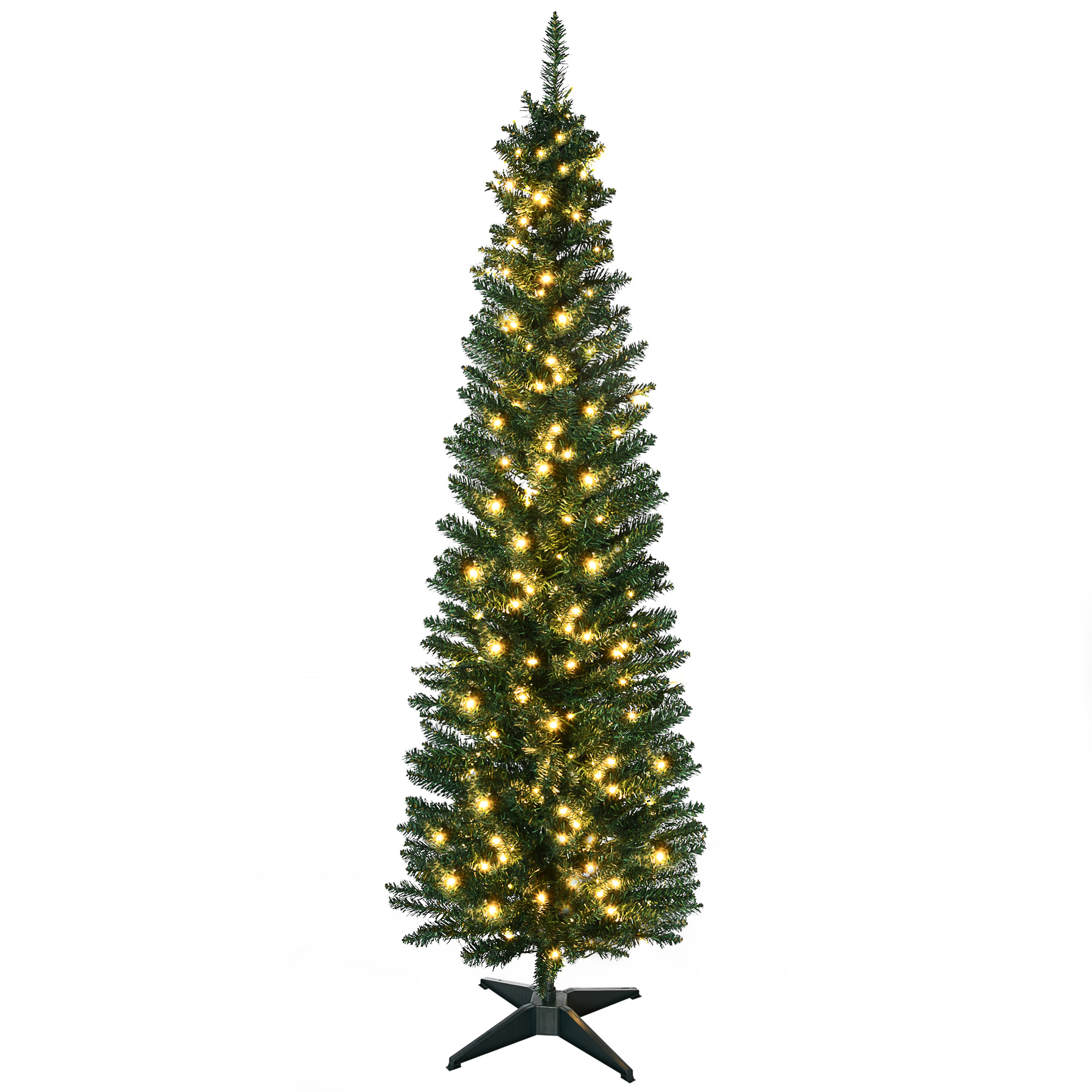 7' Tall Pre-Lit Slim Noble Fir Artificial Pencil Christmas Tree with 200 Warm White LED Lights and 499 Tips, for Christmas Decoration, Green