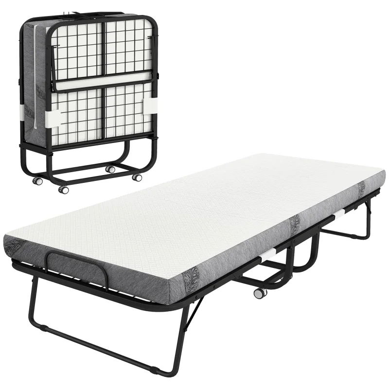 Folding Bed with Mattress for Adults, Long Twin Size, Portable Foldable Bed with 4" Foam Mattress & Space-Saving Steel Frame, 79" x 35", Fold Up, Roll Away & Hideaway, White