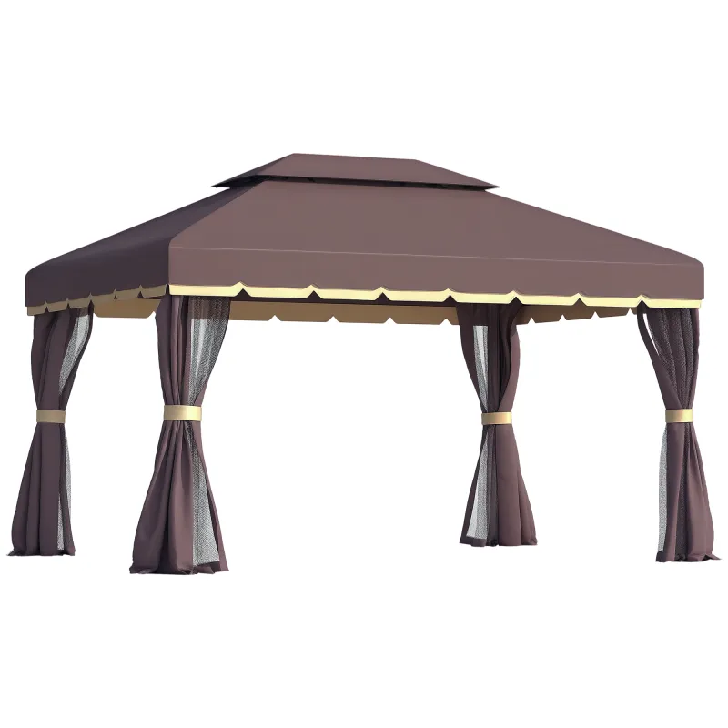 10' x 13' Patio Gazebo, Aluminum Frame Double Roof Outdoor Gazebo Canopy Shelter with Netting & Curtains, Coffee