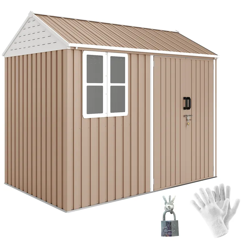 8' x 6' Metal Garden Storage Shed, Extra Large Outdoor Tool Storage House w/ Doors, Window and Air Vents, Brown