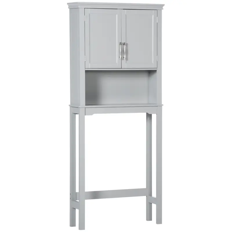 Modern Over The Toilet Storage Cabinet, Double Door Bathroom Organizer with Inner Adjustable Shelf and Open Shelf, Gray