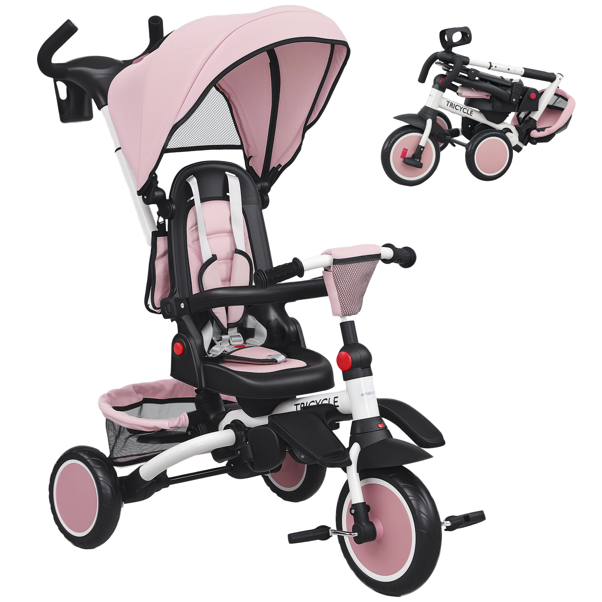 6 in 1 Kids Tricycle with Adjustable Push Handle, Removable Canopy, Reversible Seat, for 1-5 Years, Pink