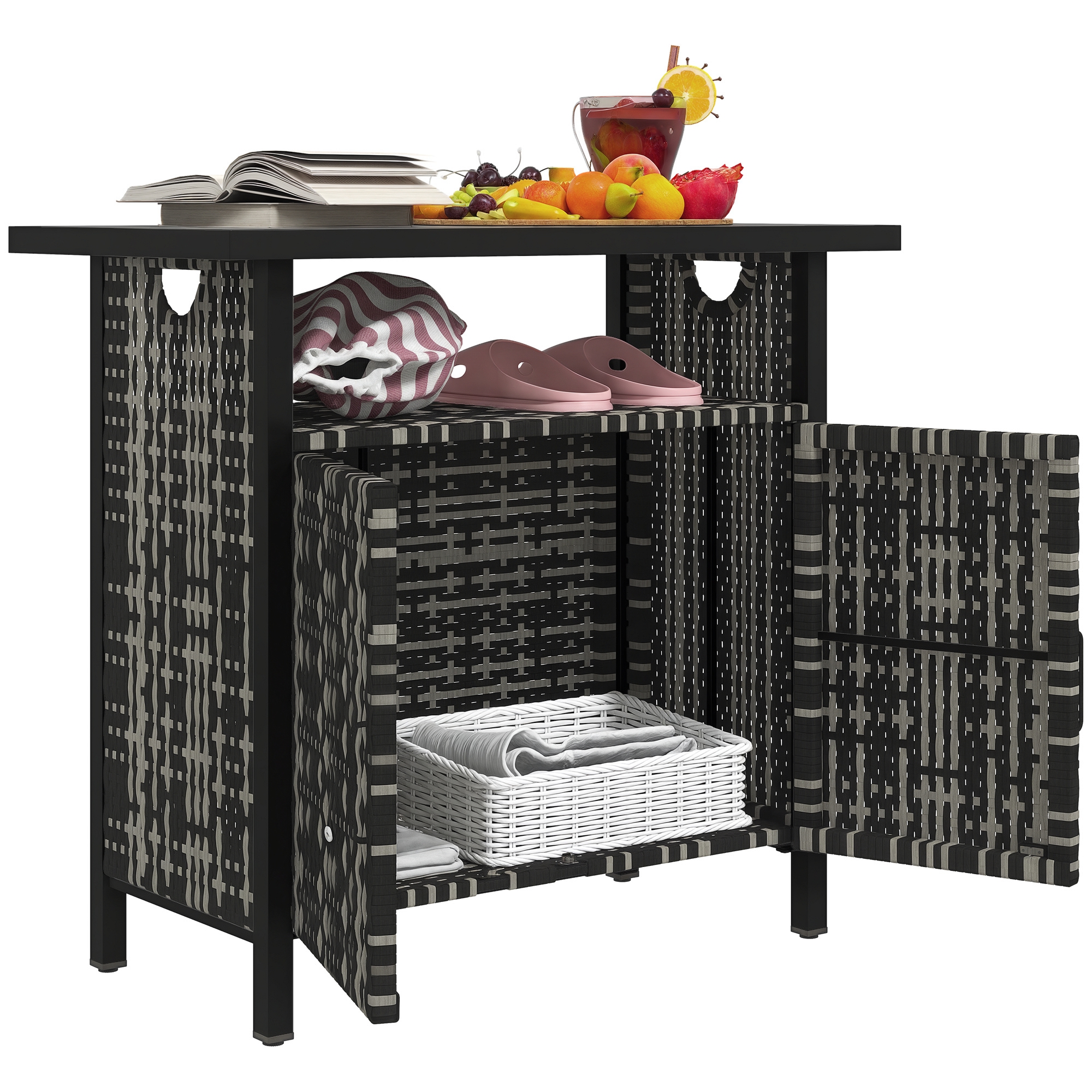  Outdoor Pool Towel Storage Cabinet Organizer, Outdoor Bar Table with Shelf and Cabinet, Pool Towel Holder Pool Valet with Weather-Resistant PE Rattan and Steel Frame, Mixed-Gray