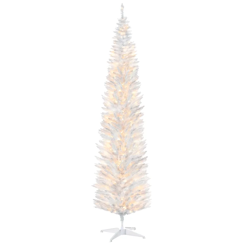 8ft Pencil Christmas Tree, Slim Artificial Christmas Tree with Realistic Branches and Warm White LED Lights, White