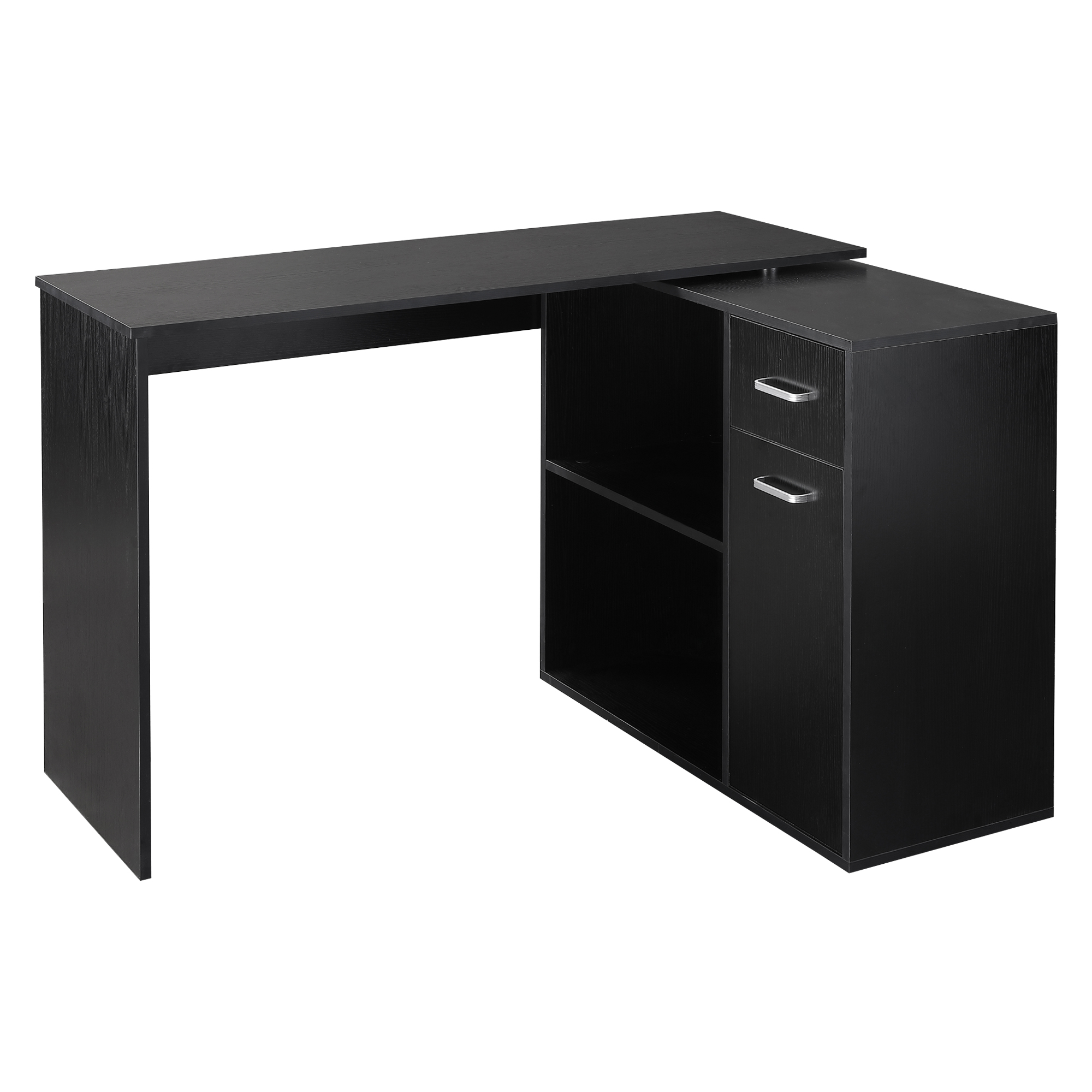  L Shaped Computer Desk, 180° Rotating Corner Desk with Storage Shelves, Drawer and Cabinet, Study Workstation for Home Office, Black