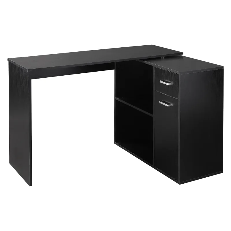  L Shaped Computer Desk, 180° Rotating Corner Desk with Storage Shelves, Drawer and Cabinet, Study Workstation for Home Office, Black