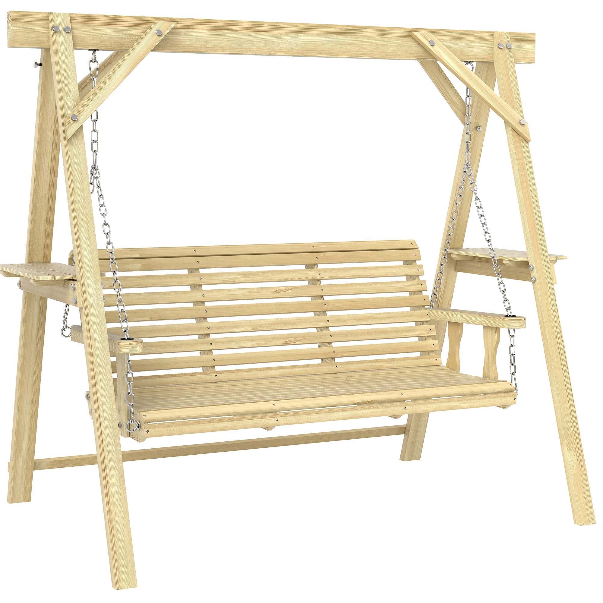 3 Seat Wooden Porch Swing with Stand, Patio Swing with Side Tables, for Garden, Poolside, Backyard, Natural Wood