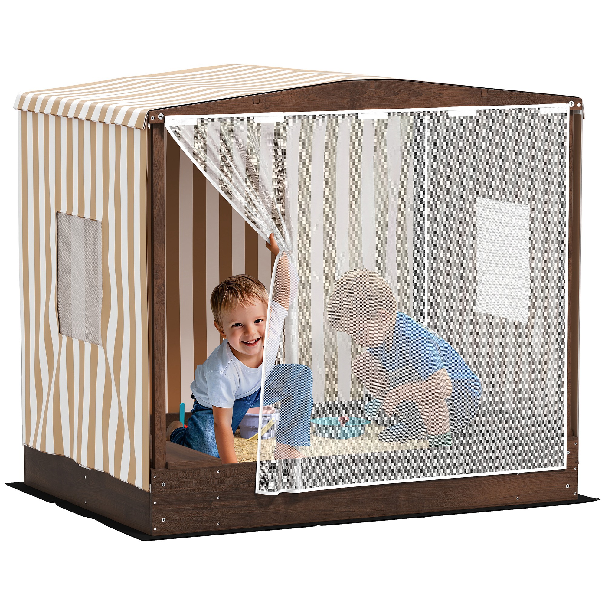 Kids Wooden Sandbox with Canopy Fully Covered, 2 Bench Seats, Bottom Liner, 56" x 40" x 52", Brown