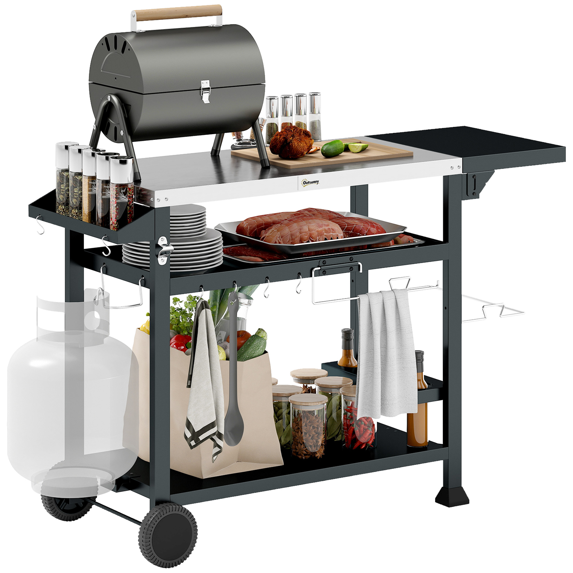 3-Shelf Outdoor Grill Cart Table with Foldable Side Table, Stainless Steel Pizza Oven Stand on Wheels, Black