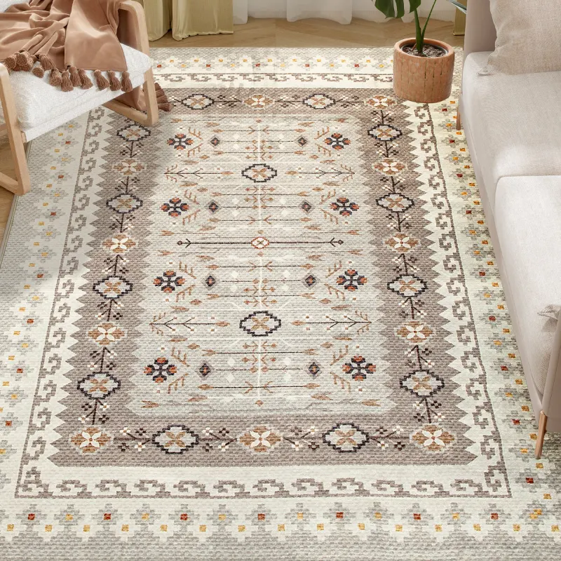 Machine Washable Area Rug 8x10, Non-Slip Boho Flannel Print Floor Carpet for Living Room, Bedroom, Dining Room, Brown