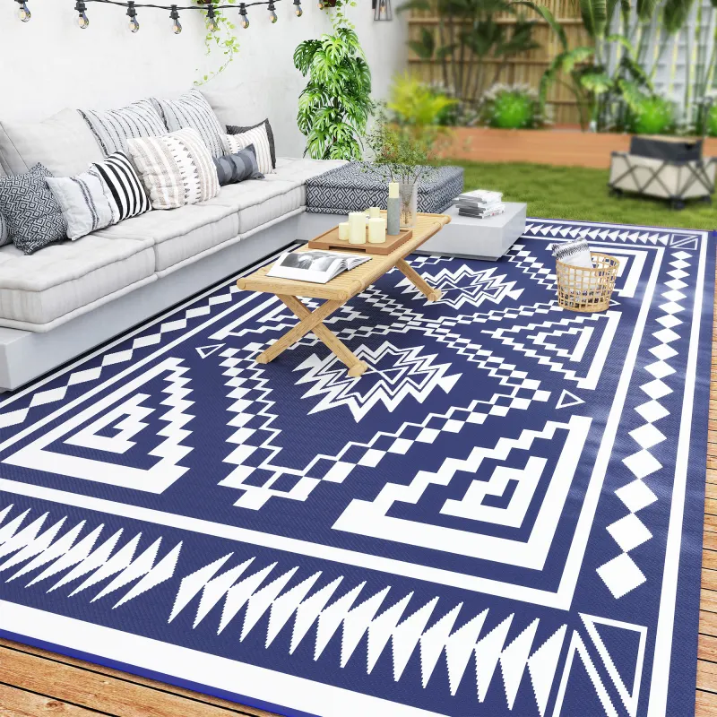 Reversible Outdoor Rug, Waterproof Plastic Straw with Carry Bag, 9' x 18', Blue & White Square Patchwork