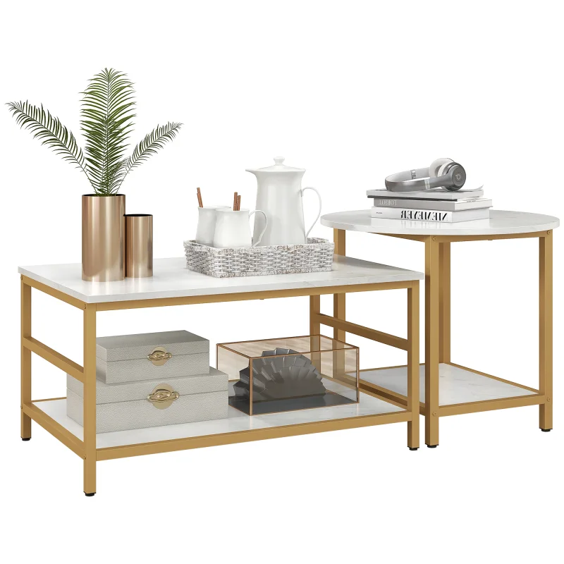Coffee Tables Set of 2, Rectangle and Round Coffee Table with Storage Shelves, Faux Marble Top, Living Room Table Set