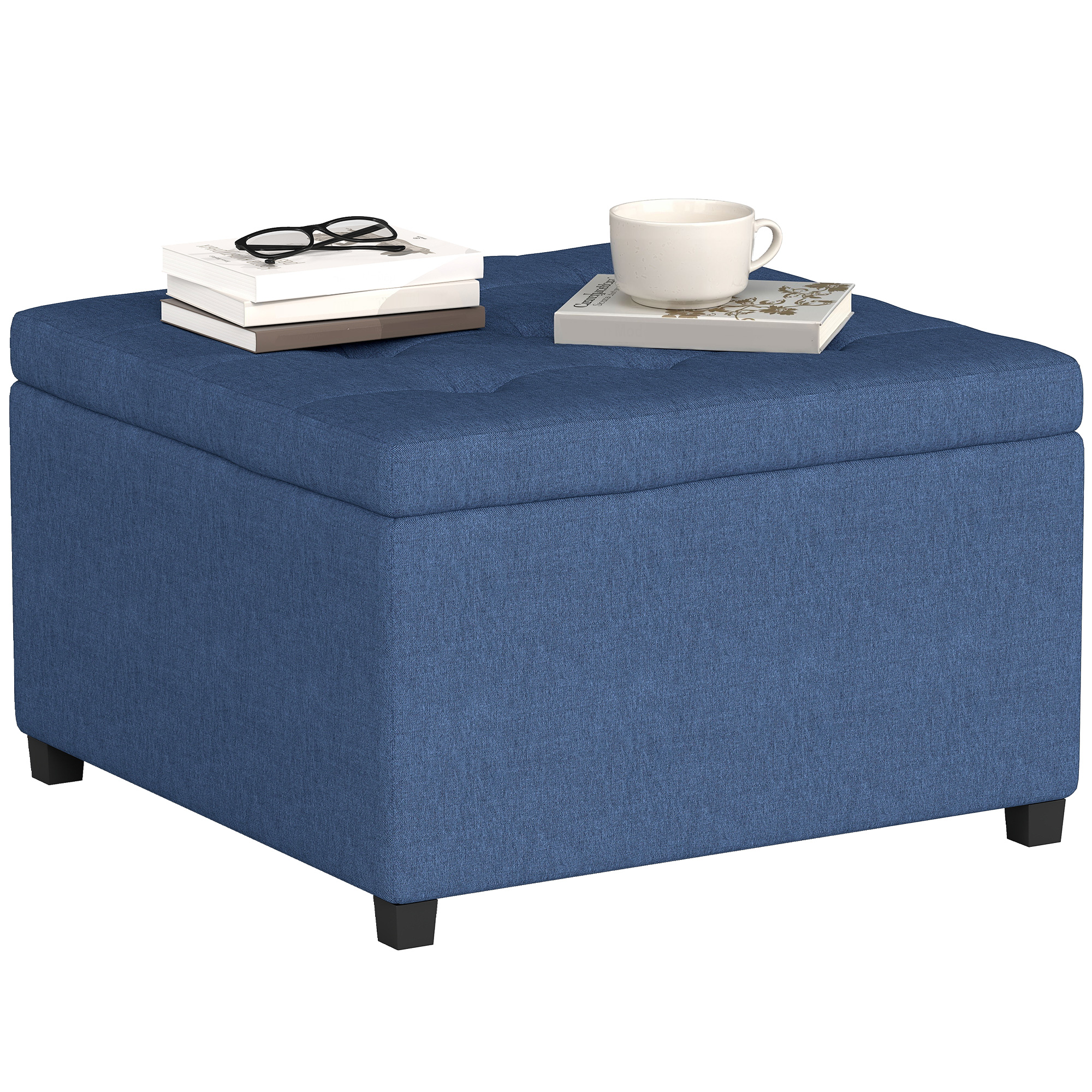 Round Storage Ottoman Bench, Button Tufted Ottoman with Flip Top for Living Room, Entryway and Bedroom, Blue