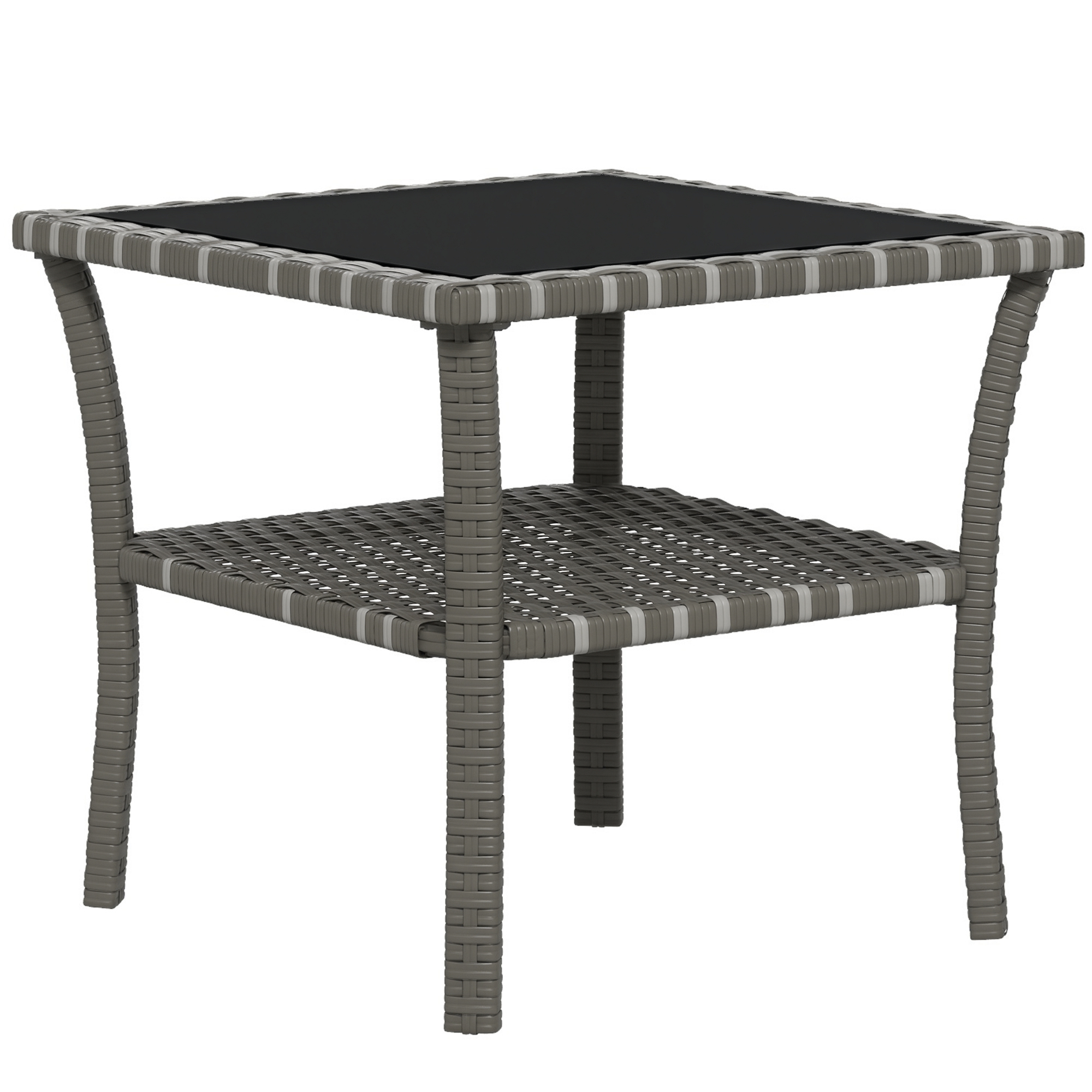 Rattan Side Table, Outdoor End Table with Storage Shelf, Aluminum Frame Square, Coffee Table with Tempered Glass Top, Mixed Gray