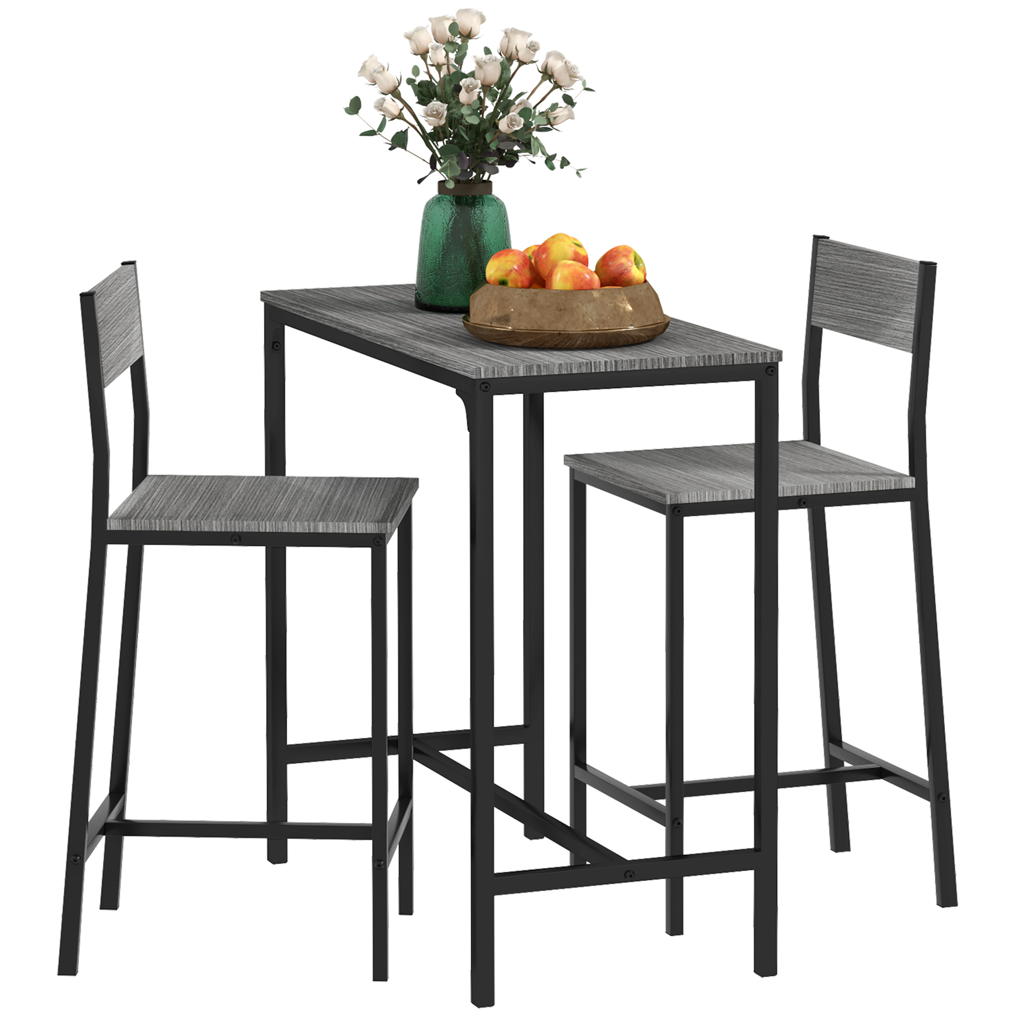 3 Piece Bar Table and Chairs, Industrial Dining Table Set for 2, Counter Height Kitchen Table with Bar stools, Breakfast Table Set for 2 for Small Space, Gray