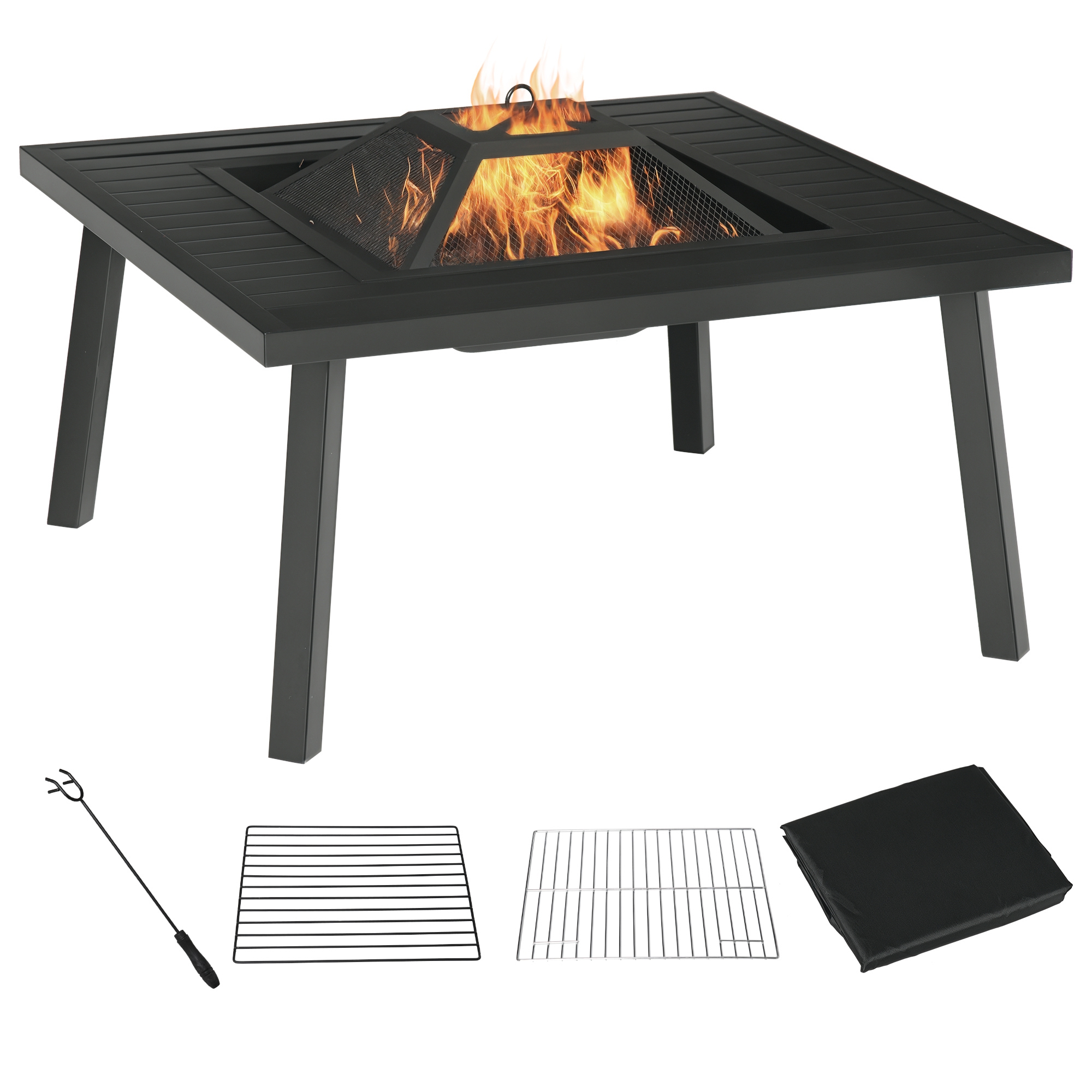  34" Fire Pit with Grill, Metal Outdoor Wood Burning Firepit with Spark Screen, Fire Poker, Cover, Table Lip, Black