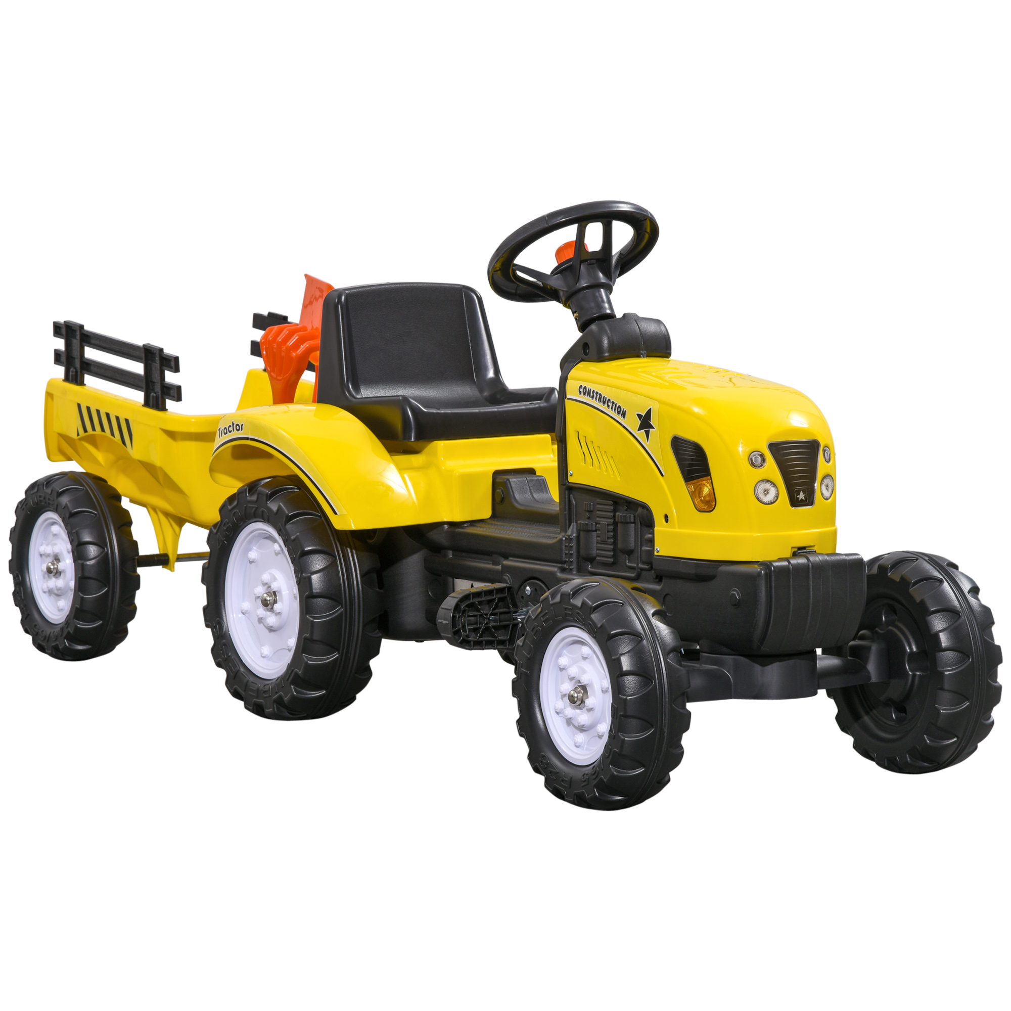 Kids Ride on Tractor with Back Trailer, Shovel & Rake, Horn, Pedal Go Kart for 3 Years Old, Yellow