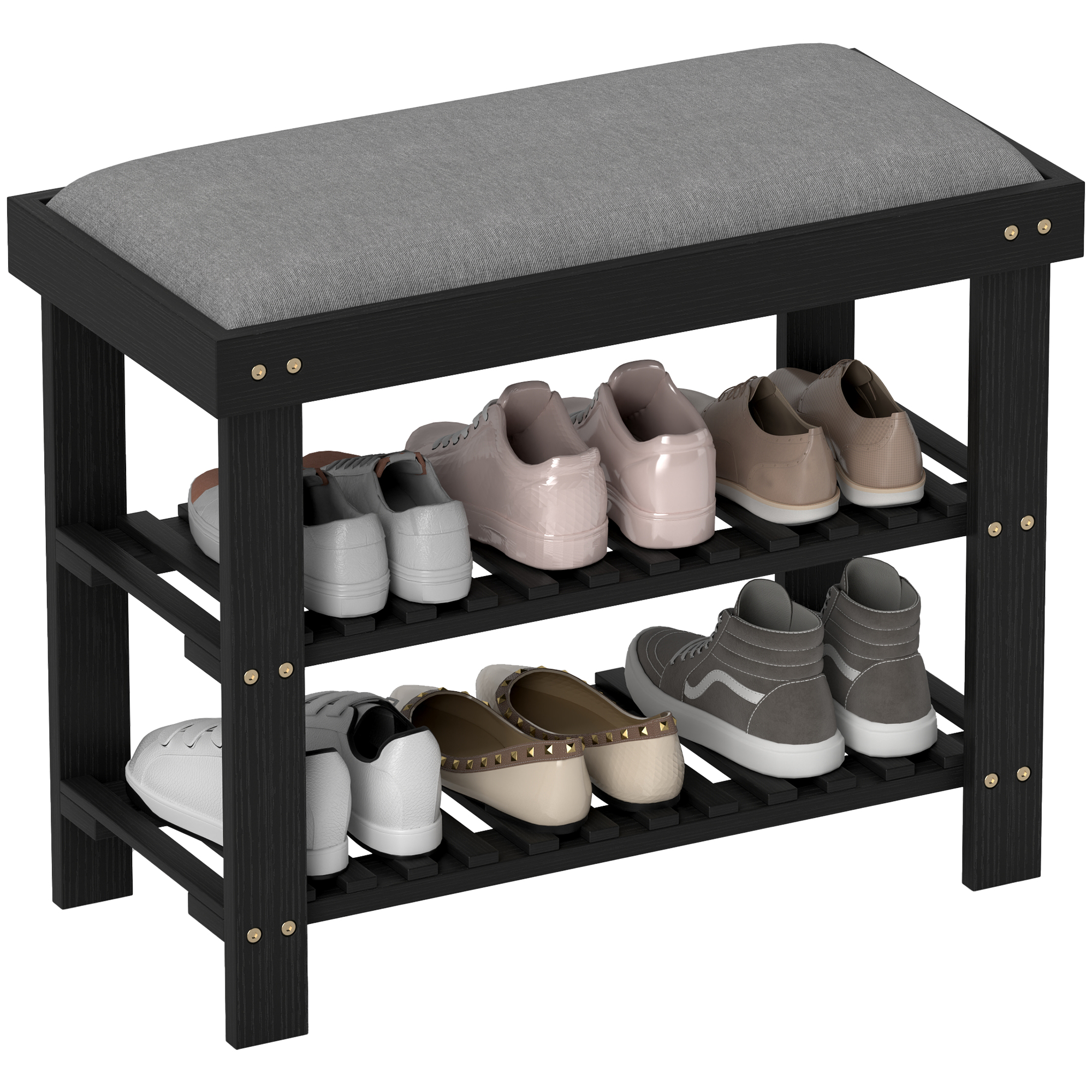 Bamboo Shoe Storage Bench, 3-Tier Entryway Bench with Cushion, Shoe Organizer for Entryway, Hallway, Black