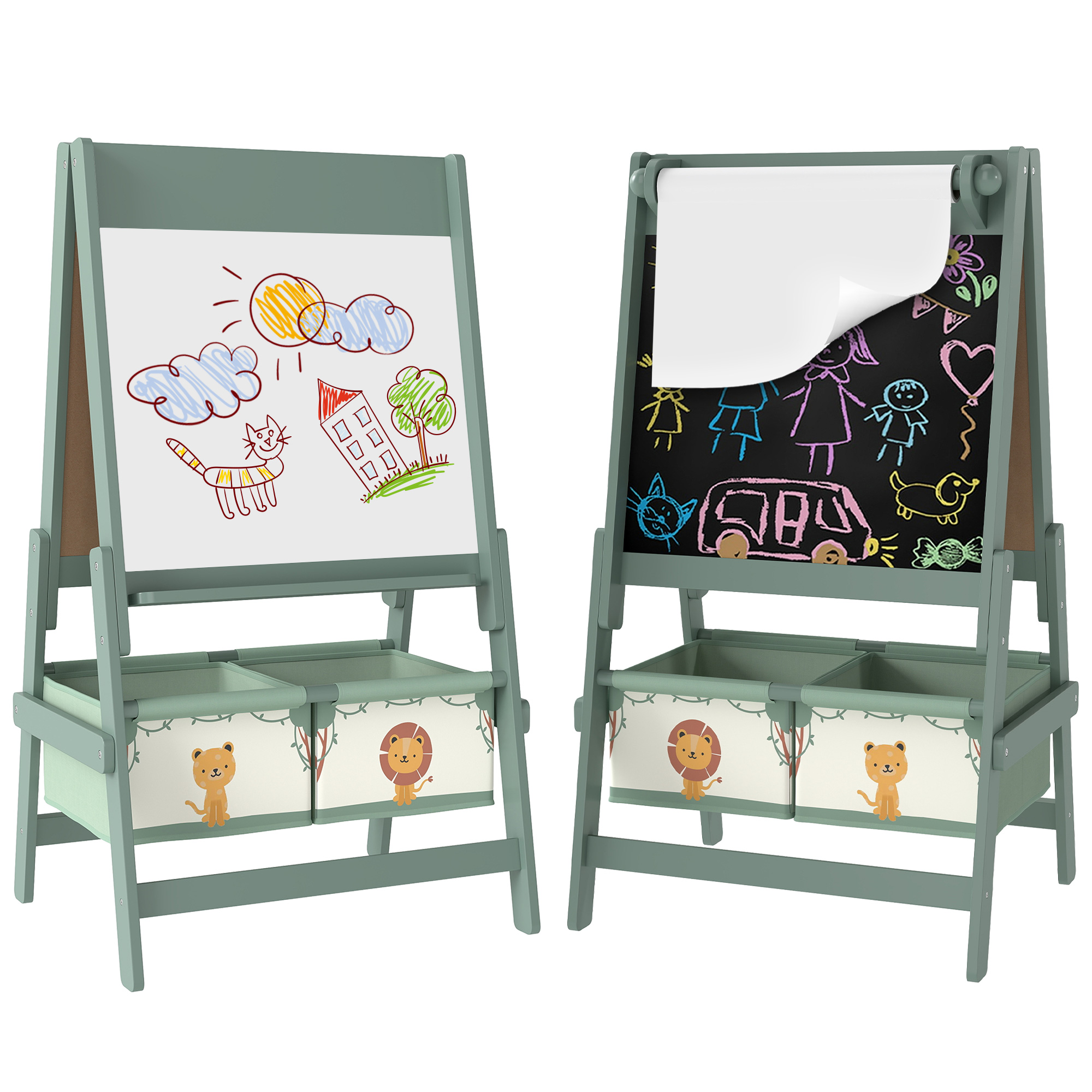 Art Easel for Kids, Double-Sided Whiteboard & Chalkboard with Paper Roll, Storage Baskets for Toddlers Ages 3-8, Green