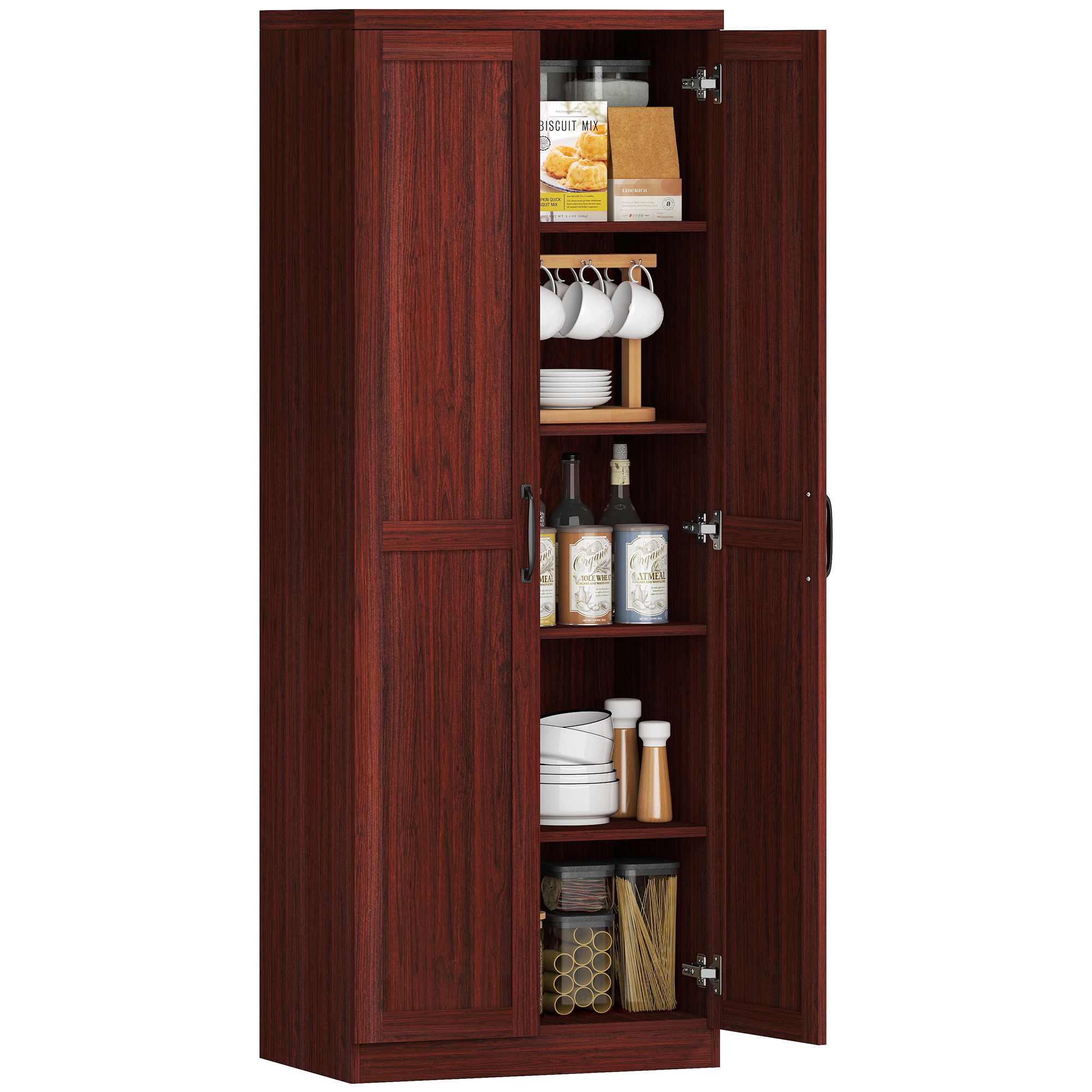 63" 2-Door Kitchen Pantry, Freestanding Storage Cabinet with 5-tier Shelving and 2 Adjustable Shelves for Dining Room, Espresso