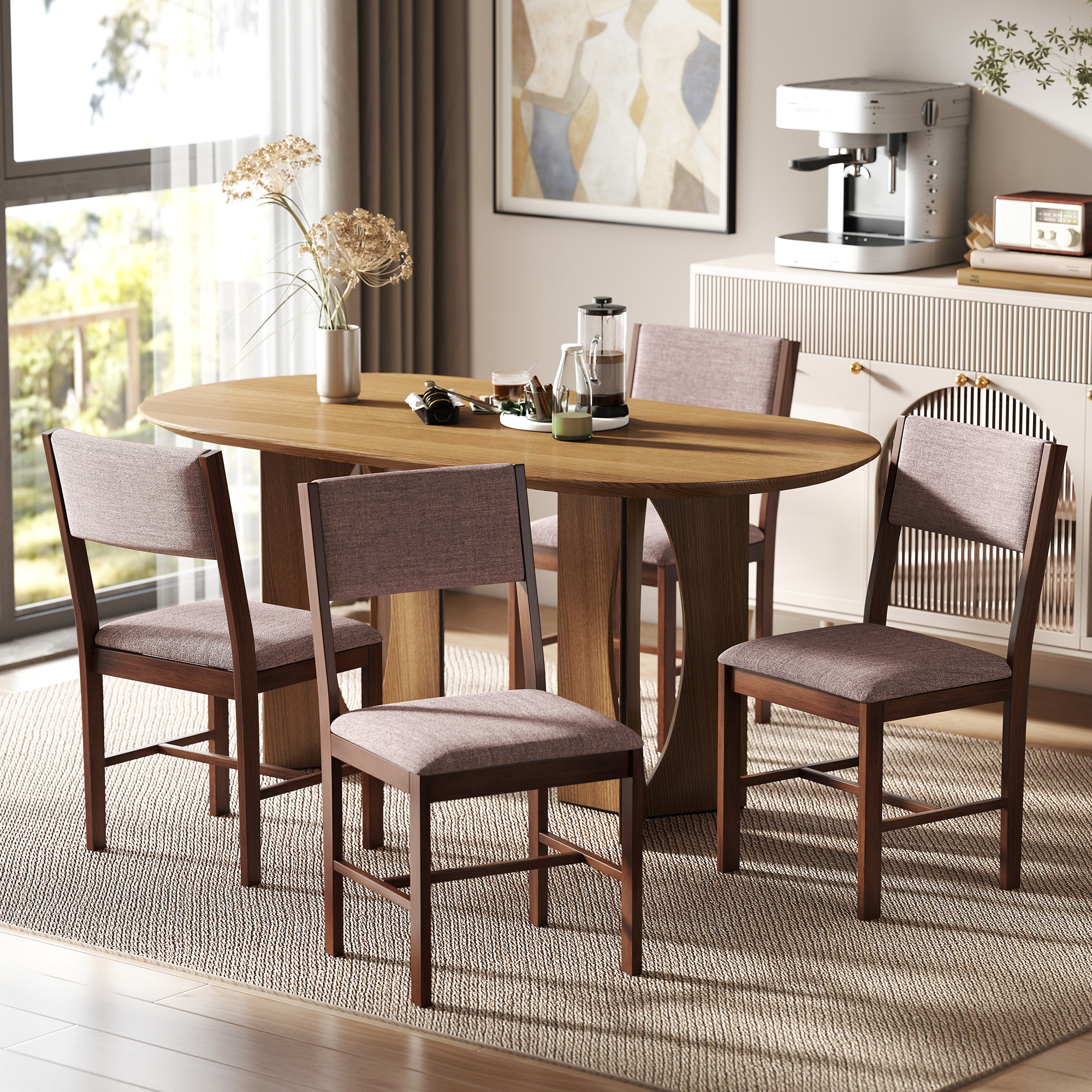 Modern Dining Chairs Set of 4, Linen Fabric Kitchen Chairs with Rubberwood Legs for Dining Room, Living Room, Brown